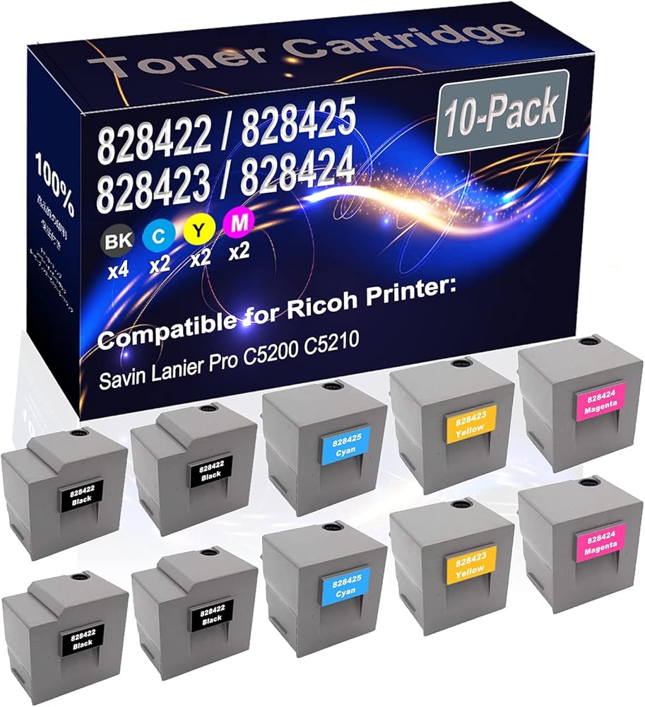 Kolasels 10-Pack (4BK+2C+2Y+2M) Compatible High Yield 828422 828425 828423 828424 Printer Toner Cartridge use for Ricoh Savin Lanier Pro C5200 C5210 Printers