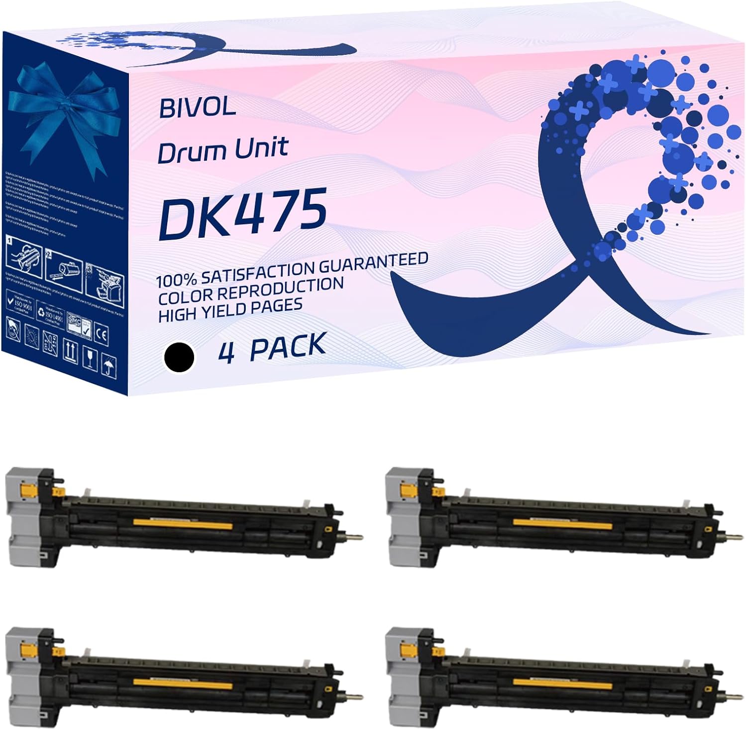 BIVOL DK475 Drum Unit Compatible for Kyocera FS-6525MFP FS-6530MFP Printers, with Chip, High Yield 400000 Pages, Vivid Colors (4 Pack Black)