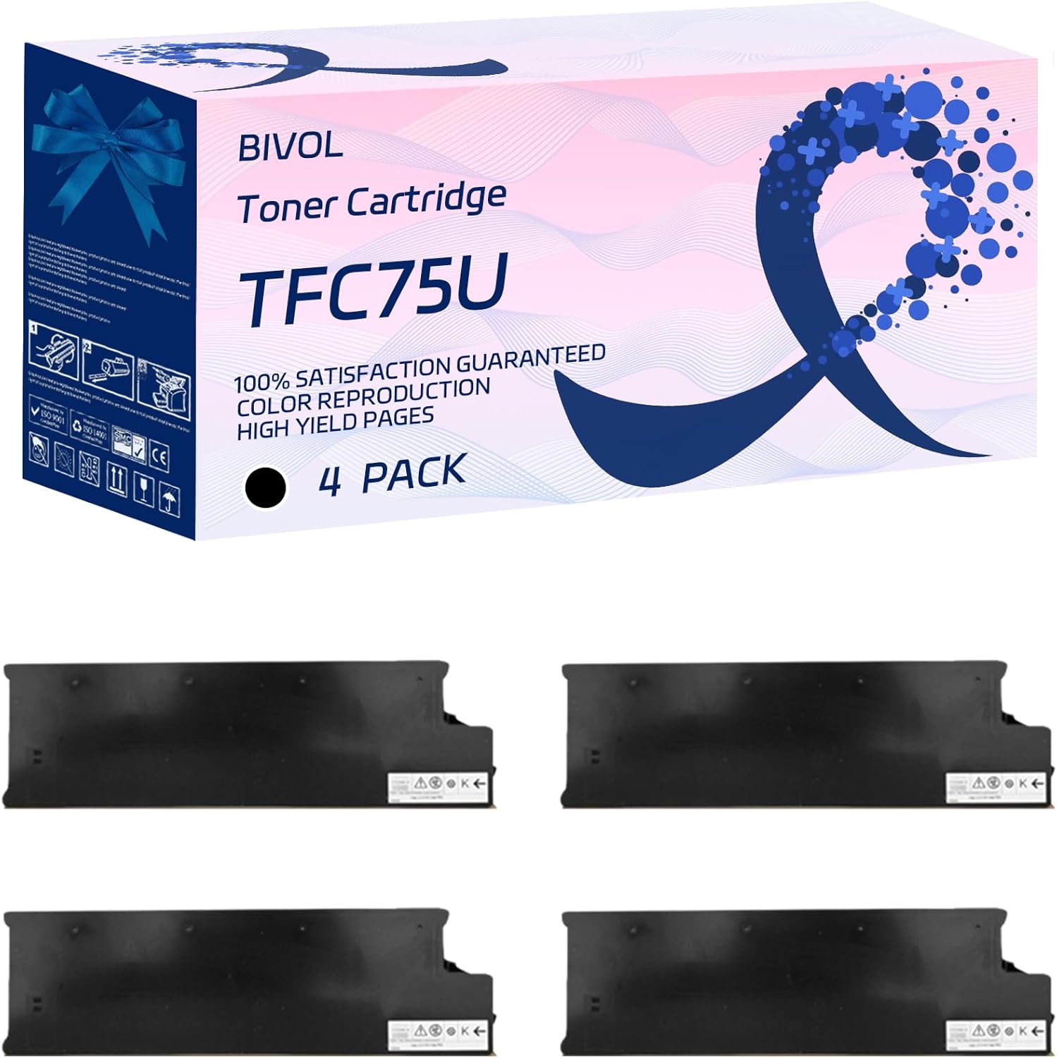 BIVOL TFC75U Toner Cartridge Compatible for Toshiba 5560C 5560CG 6560C 6570C Printers, with Chip, High Yield 77400 Pages, Vivid Colors (4 Pack Black)