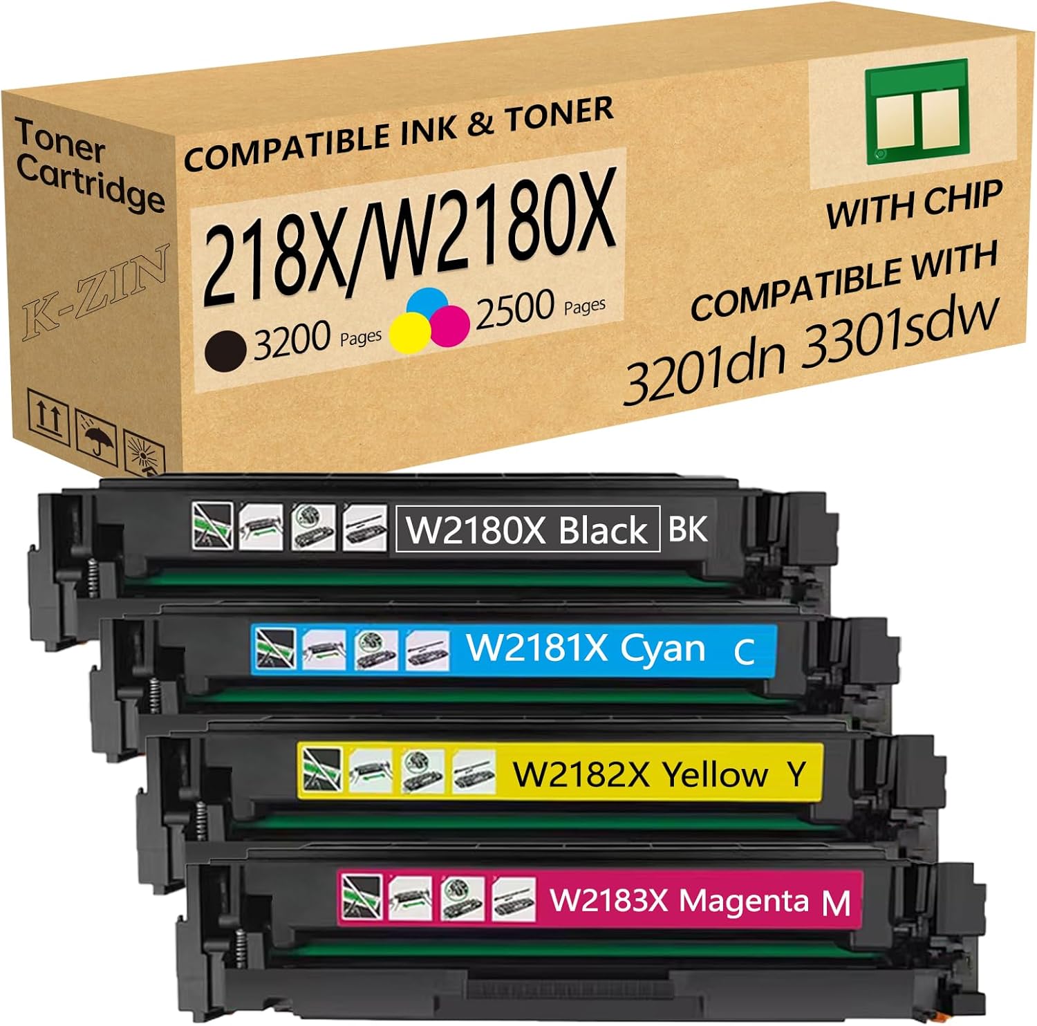 K-ZIN 218X Toner Cartridges 4 Pack with Chip Compatible with HP 218X/218A & Color Laserjet Pro MFP 3301fdw/3201dw/3301cdw High-Yield Plug-and-Play (Black Cyan Yellow Magenta)
