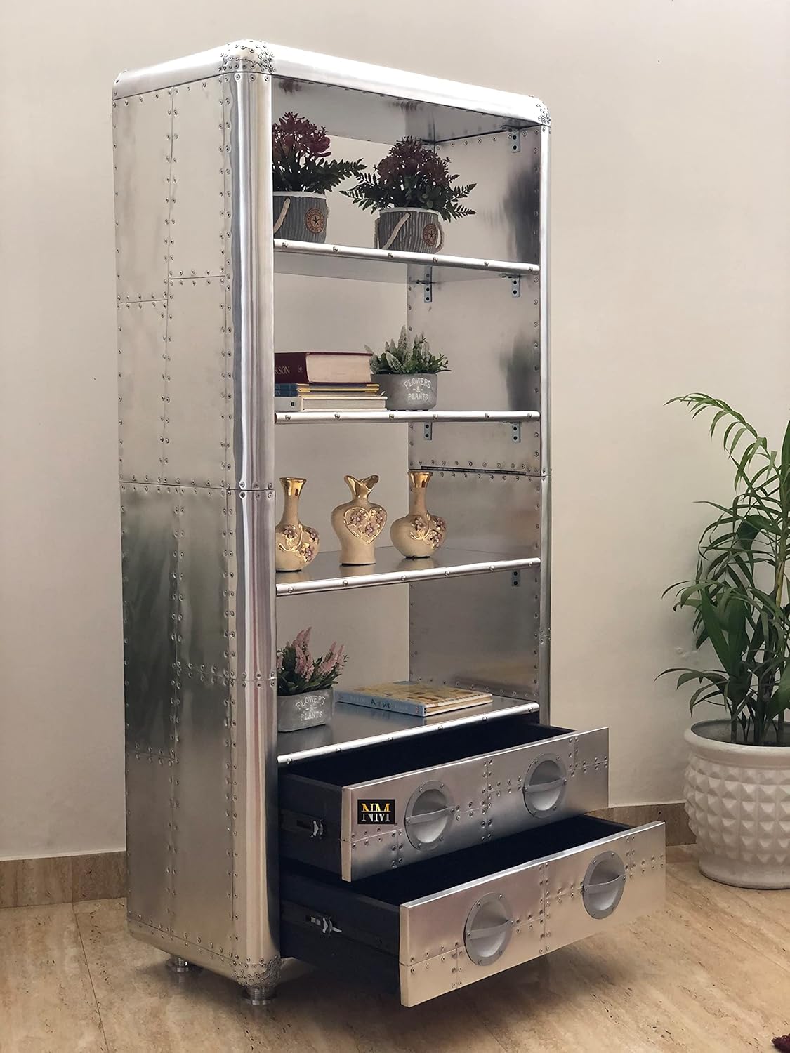 NauticalMart Art Deco Vintage Flyer Furniture Luxury Designer Aluminum Bookcase with Drawers Vintage Aviator Furniture (66 Inches)