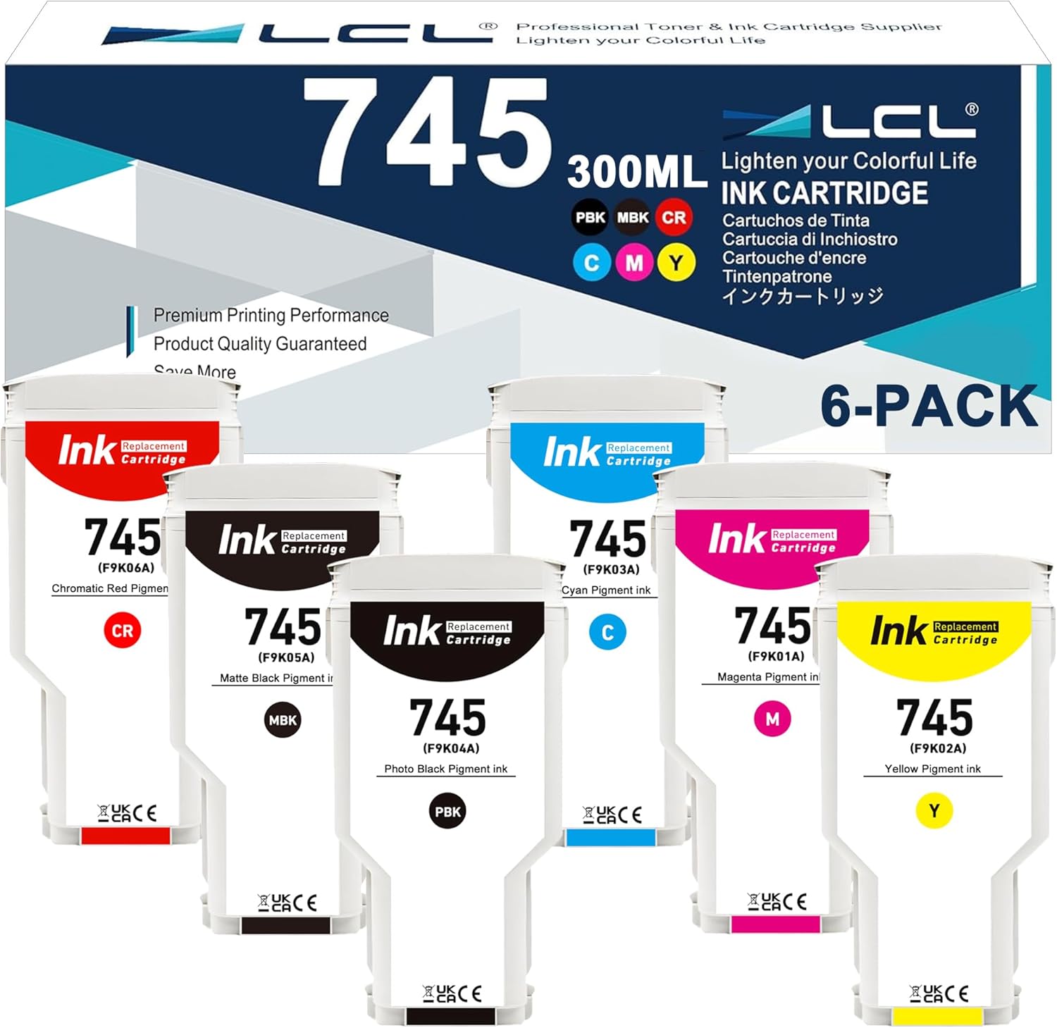 LCL 745 Ink Cartridge 300ml High Capacity Replacement for HP 745 Ink Cartridge 745 XL F9K06A F9K05A F9K04A F9K03A F9K02A F9K01A for DesignJet Z2600 Z5600 Postscript Printers (6-Pack MBK/PBK/C/M/Y/R)
