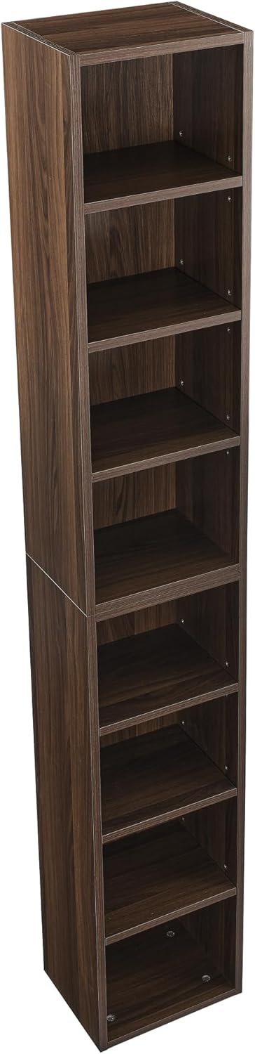 8-Tier Media Tower Rack, CD DVD Slim Storage Cabinet with Adjustable Shelves, Tall Narrow Bookcase Display Bookshelf for Home Office,Multi-functional double-decker bookcase (3 Walnut Wood)