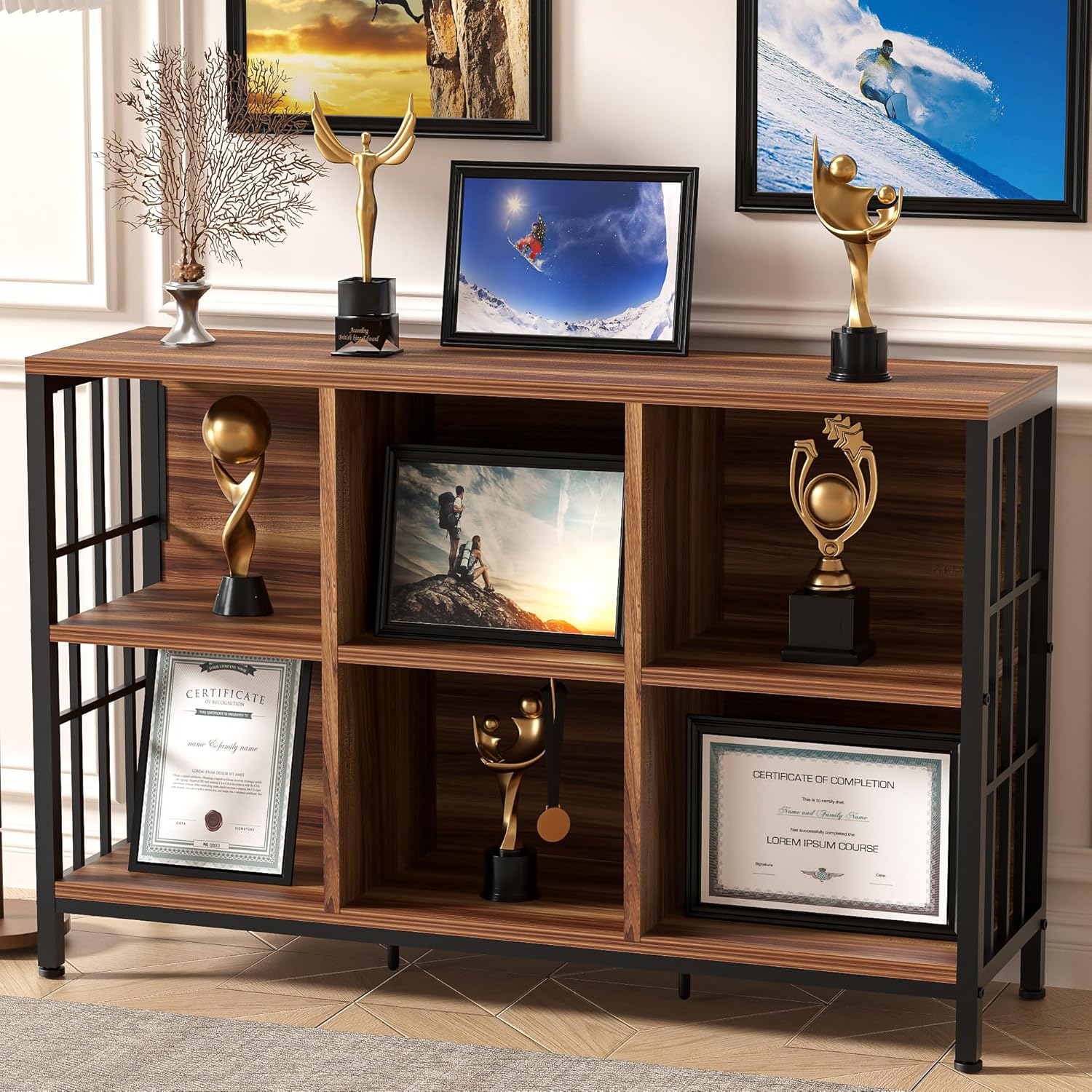 YOHKOH 6 Cube Organizer Bookcase - Industrial Vintage Storage Shelf, Heavy Duty Carbon Steel Frame & Wooden Shelves, Mid-Century Style Cube Shelf