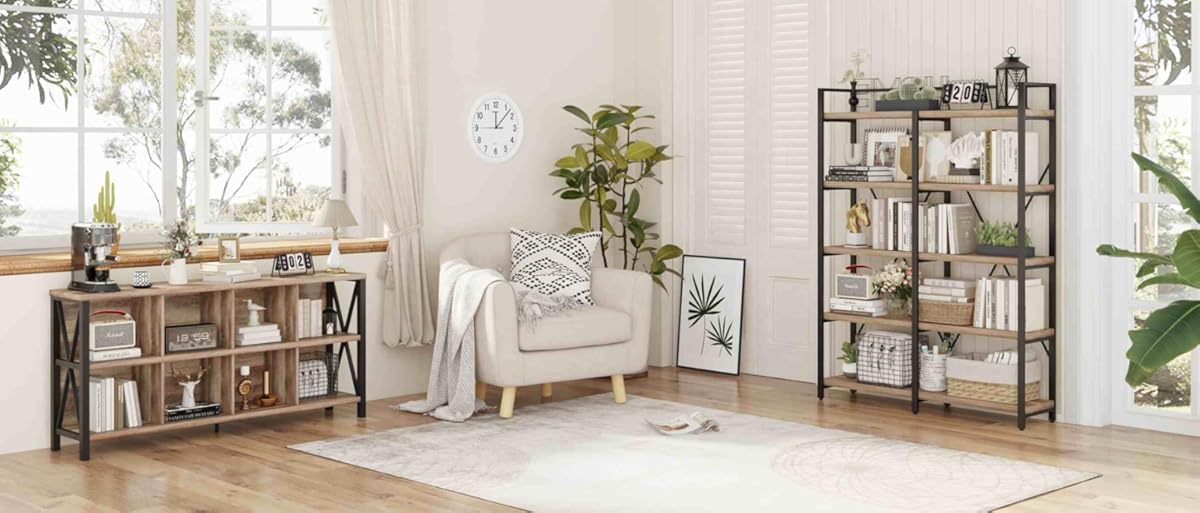 FATORRI Industrial Tall Bookshelf and Horizontal Bookcase for Home Office (Rustic Oak)