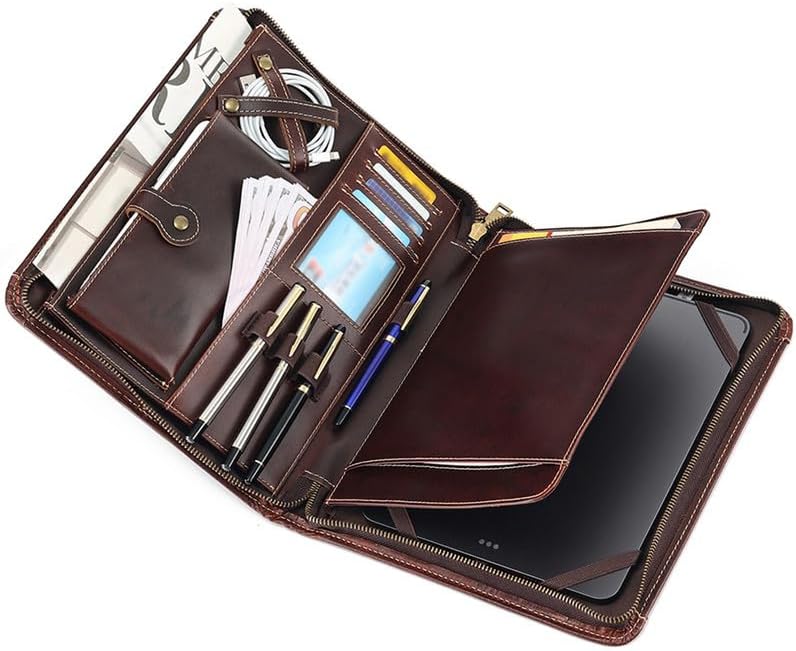 Genuine Leather Portfolio Organizer Padfolio with Zipper for Men Women,Leather Binder Notebook Suitable for 9.8-inch Laptop Legal Pad Padfolio