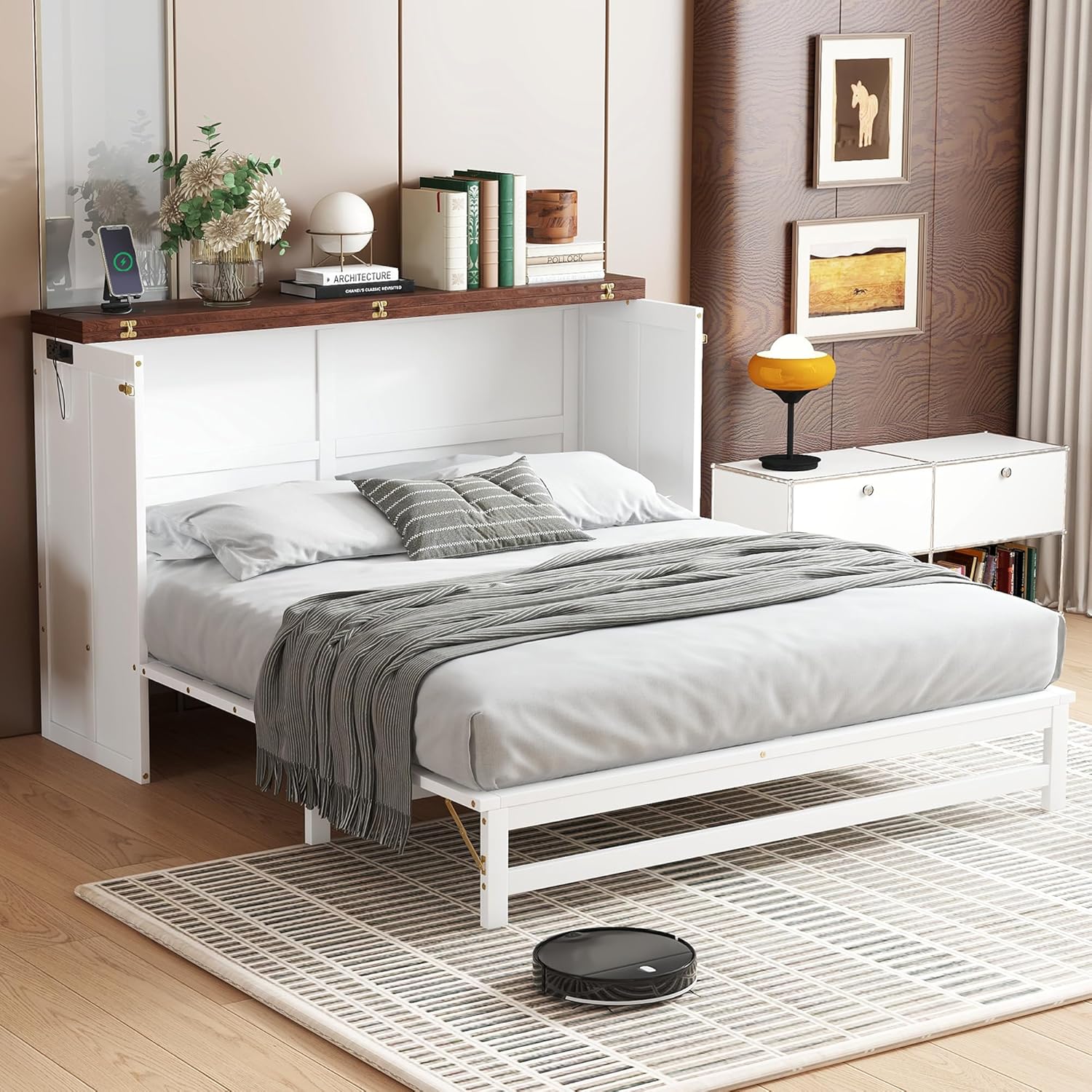 Ball & Cast Queen Size Murphy Bed W/Storage Drawer,Murphy Bed Cabinet W/ 2 USB Port & Power Outlets,Hidden Foldable Wall Bed Frame for Home Office,Apartment,Guest Room,White-Walnut