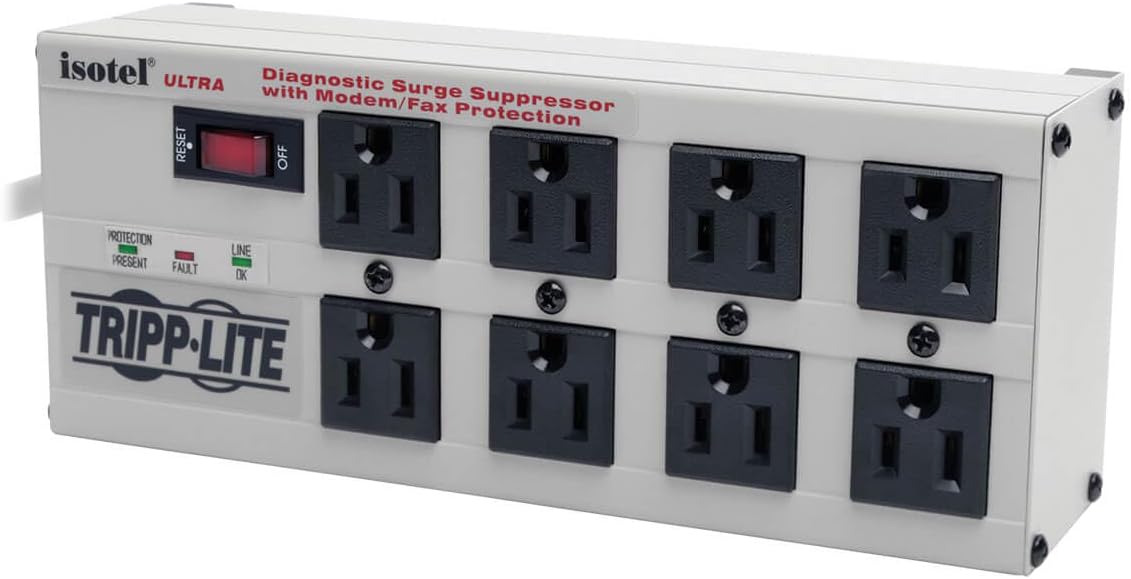 Tripp Lite Isobar 8 Outlet Surge Protector Power Strip, 12ft. Cord, Right Angle Plug, 3840 Joules, Diagnostic LEDs, Tel/Fax/Modem, Metal, (ISOTEL8 ULTRA) , Gray