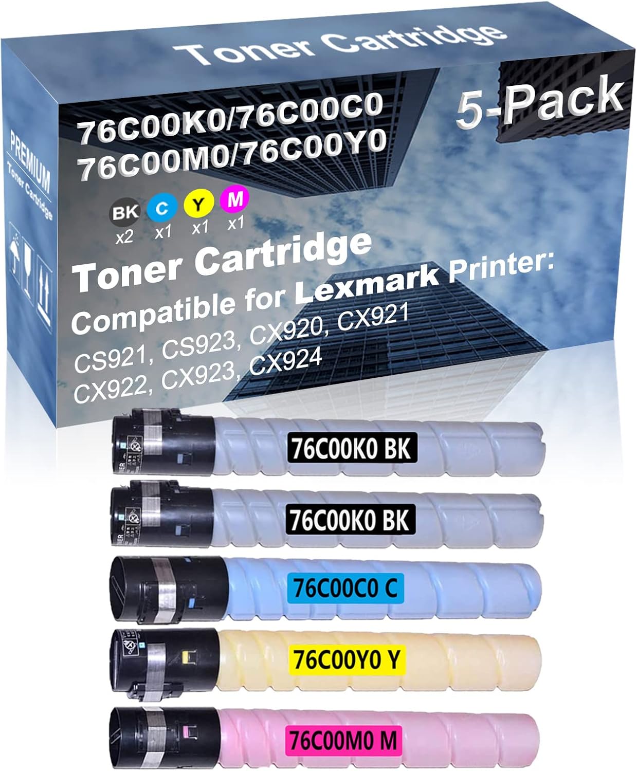 5-Pack (2BK+C+Y+M) Compatible High Yield 76C00K0+ 76C00C0+ 76C00Y0+ 76C00M0 Laser Printer Toner Cartridge Used for CX923, CX924 Printer