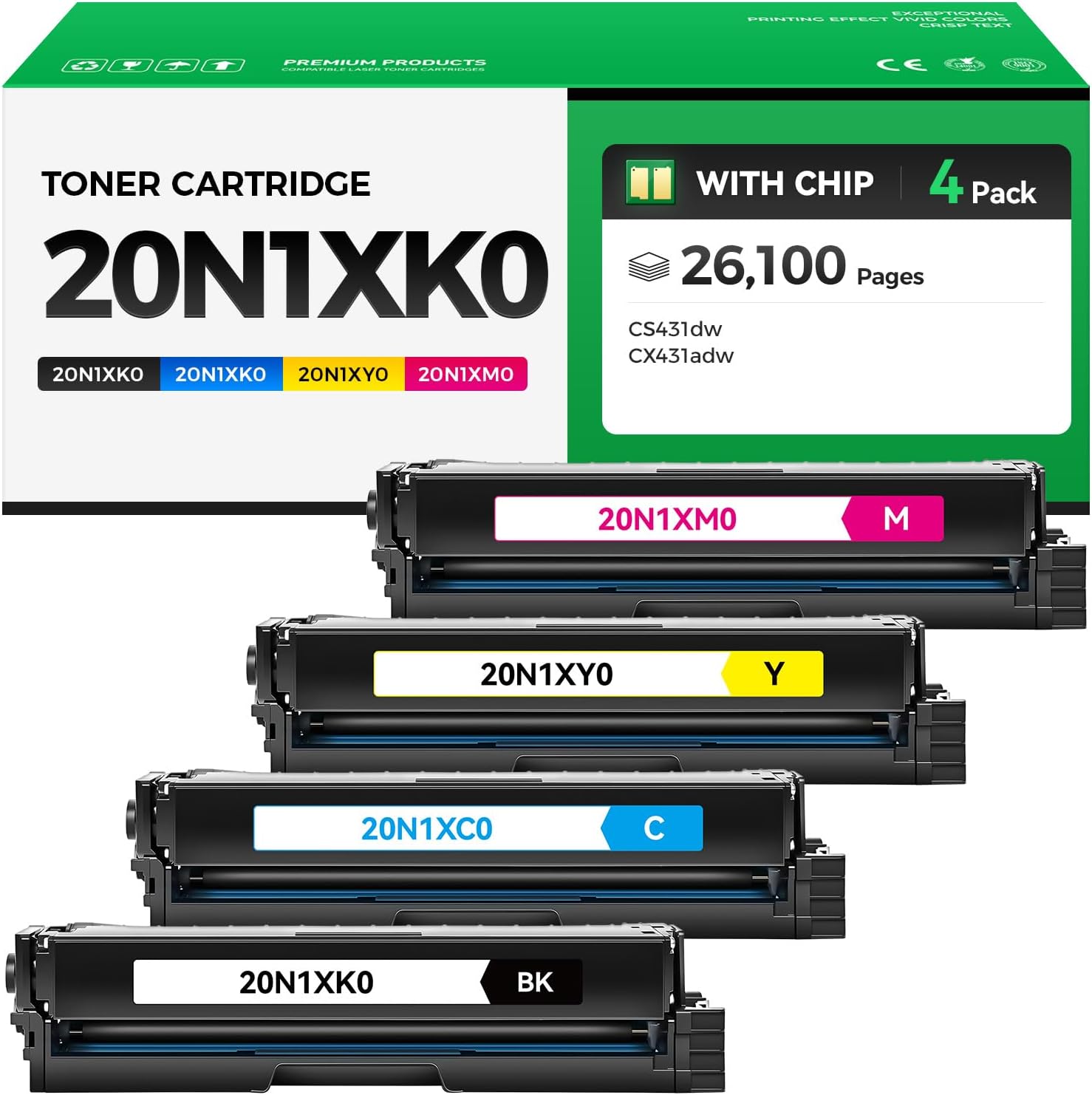 20N1XK0 20N1XC0 20N1XM0 20N1XY0 Extra High-Yield Toner Cartridge Set 4-Pack with chip Replacement Compatible for Lexmark Color CS431 CX431 CS431dw CX431adw Laser Printer Ink Black Cyan Magenta Yellow