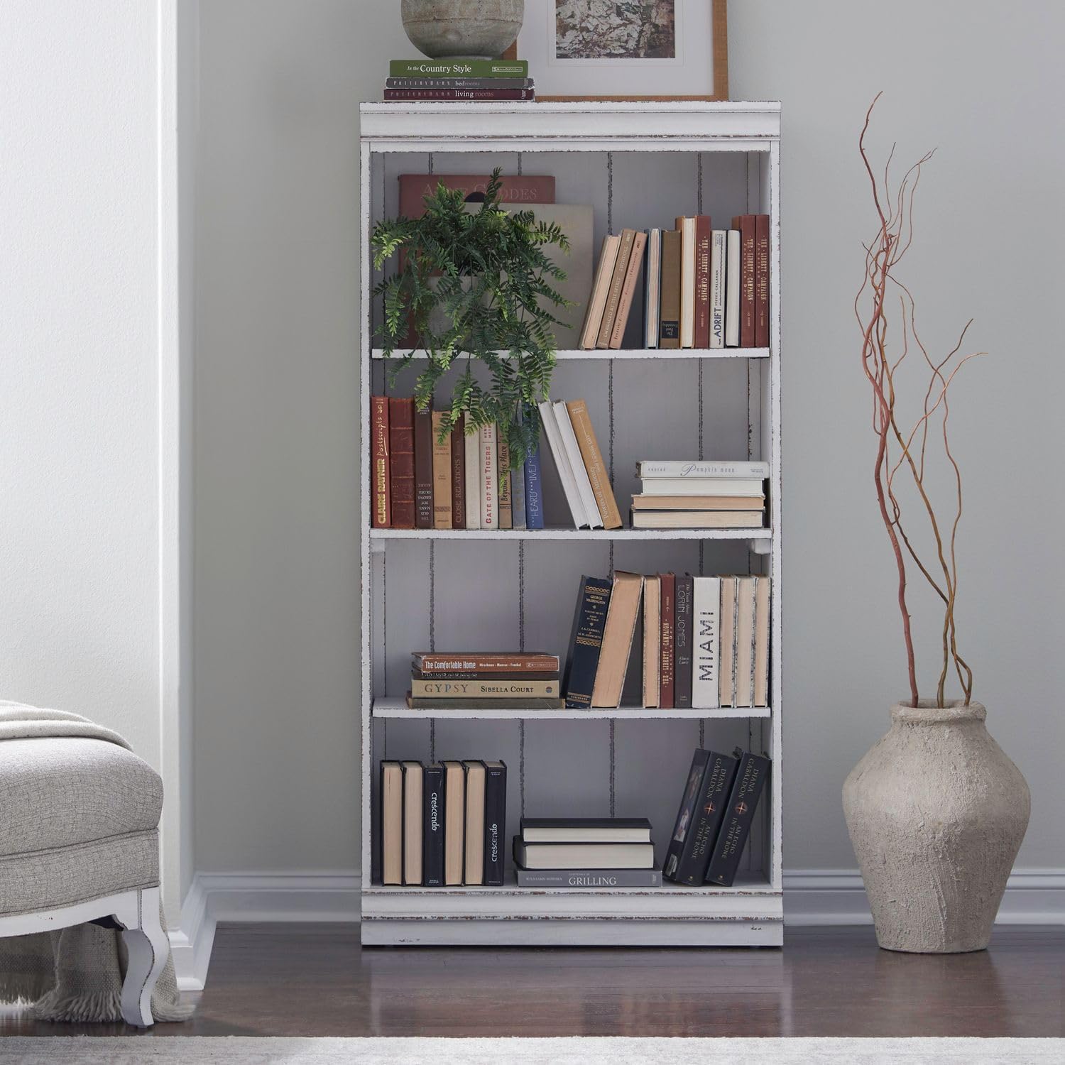 Liberty Furniture Magnolia Manor 60 Inch Bookcase for Living Room Office Storage - Antique White & Weathered Bark