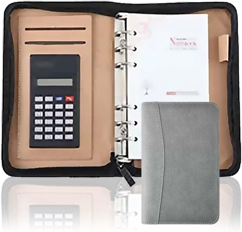 EoxinDm Padfolio Organizer Binder,Portfolio, A5/B5/A6 PU Leather Conference Portfolio Fold Business Padfolio Zipper Organizer Folder with Calculator 6 Ring Binder Clipboard for Office Work(Grey a,A6)