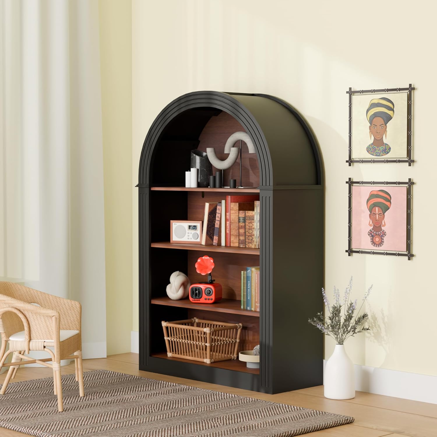 Gefaxi Arched 4-Tier Bookshelf Wooden Open Bookcase for CDs & Books Modern Book Shelf for Home Office Living Room