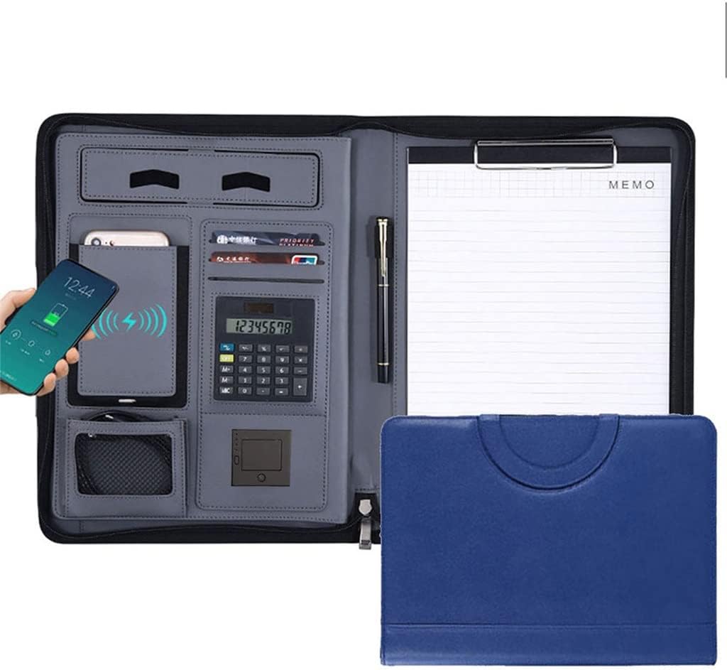 BCCCLLLSA A4 Leather Folder Charging Portfolio Zipper Binder Business Padfolio Organizer Calculator 10000mah (Color : D) (Blue)