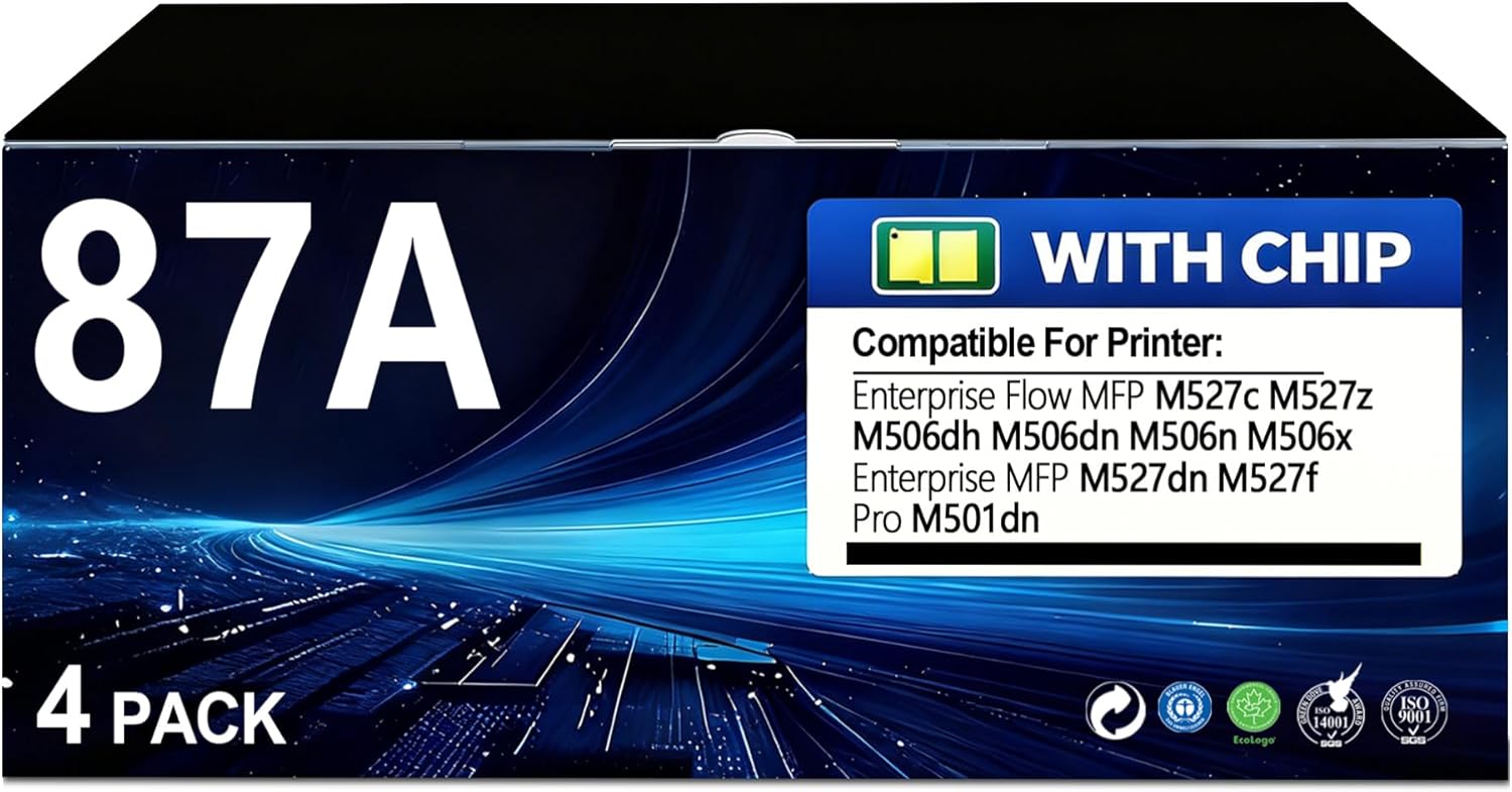 87A Black Toner Cartridge 4 Pack Compatible HP 87A 87X CF287A CF287X Toner Replacement for Laser jet Enterprise M506dh M506dn M506n M506x Flow MFP M527c M527Z MFP M527dn M527f Pro M501dn Printer