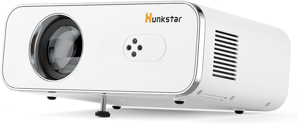 HUNKSTAR Mini Projector, 4K Support Projector with Wifi 6 and Bluetooth 5.2, 1000 ANIS Portable HD1080P Home Video Projector with Auto Focus, Suitable for Family Gatherings, Various Festivals (White)
