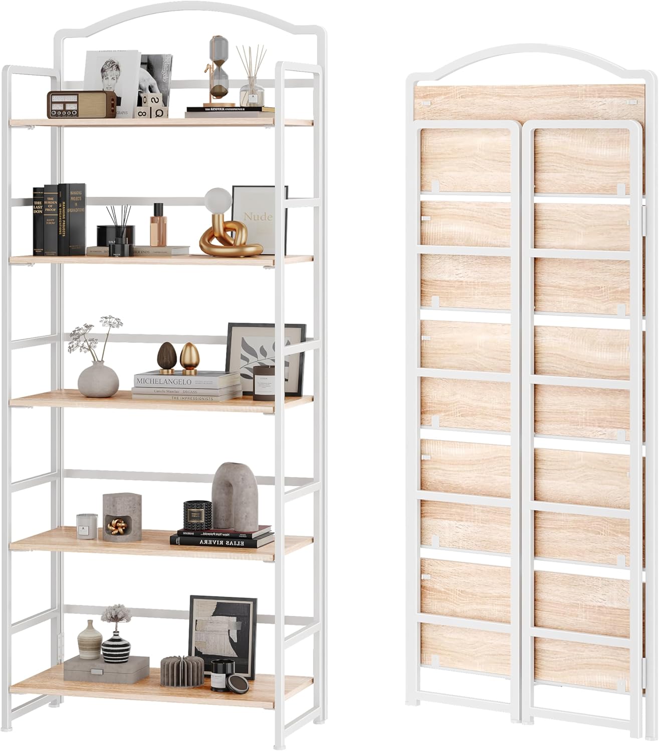 JSB No Assembly Folding Bookshelf, 5 Tier Book Shelf for Storage, Vintage Wood Foldable Bookcase for Living Room, Bedroom, Office Organization Shelves