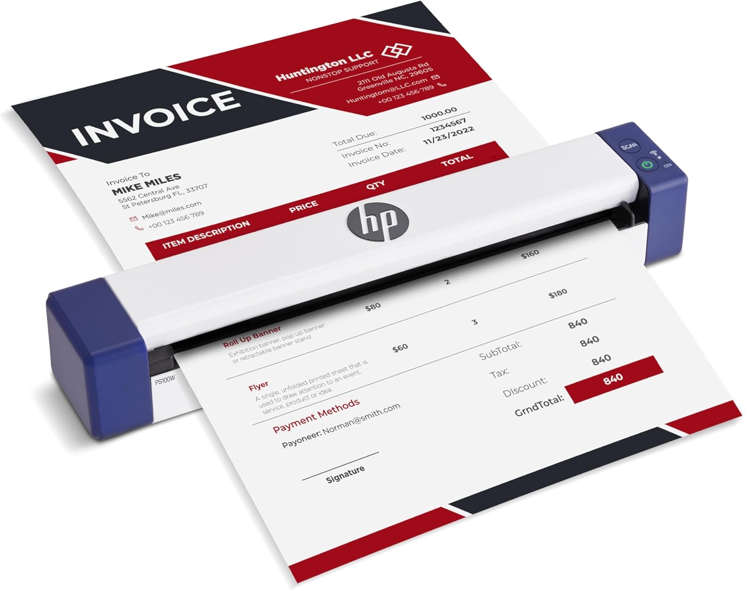 HP PS100W Portable Document Scanner | Compact, Portable, Wireless, 1-Sided Simplex Digital Scanner for Home & Office | Rechargeable, USB & Wi-Fi Direct, Compatible with Mac & Windows PC and Laptop