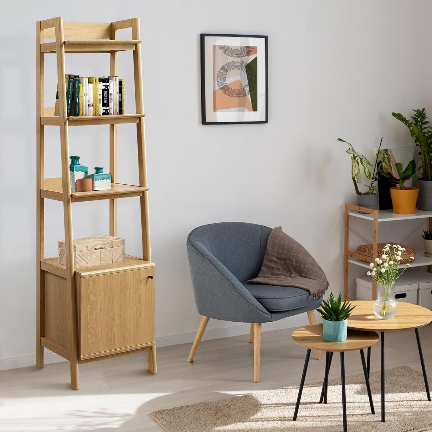 Sleek 5-Shelf Ladder Oak Wooden Bookcase with Storage Cabinet Brown Modern Contemporary Traditional Wood Finish Doors Solid