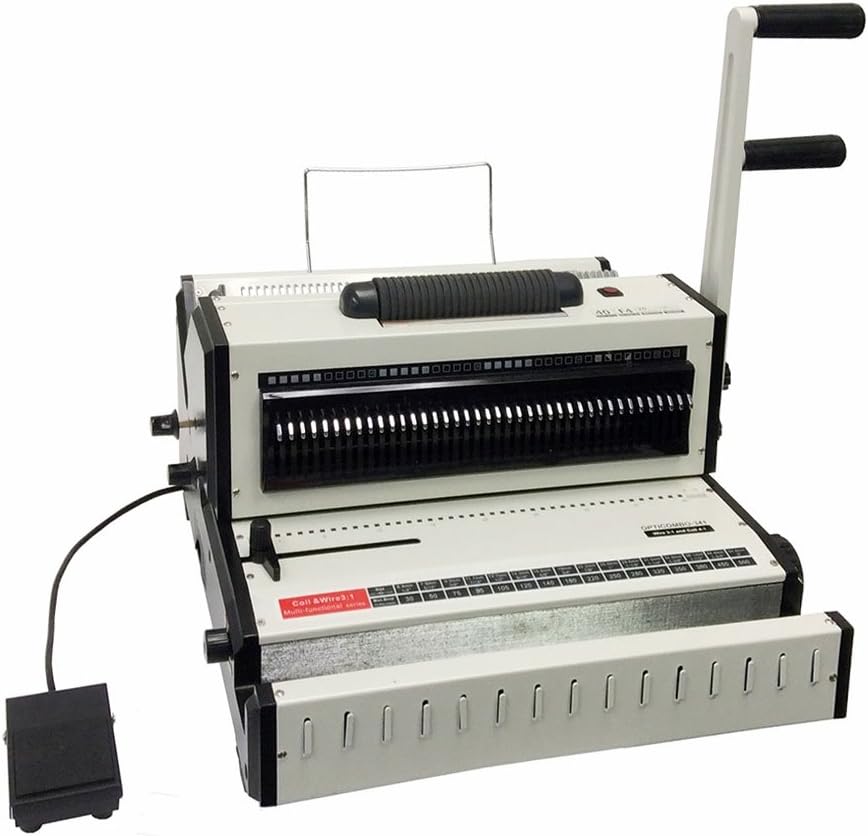 Tamerica OptiCombo-341 Manual Punch and Binding Machine; Manual Punch for 4:1 Coil and 3:1 Wire; Electric Coil Inserter Via Foot Pedal Operation or Switch; Wire Hanger and Manual Closer