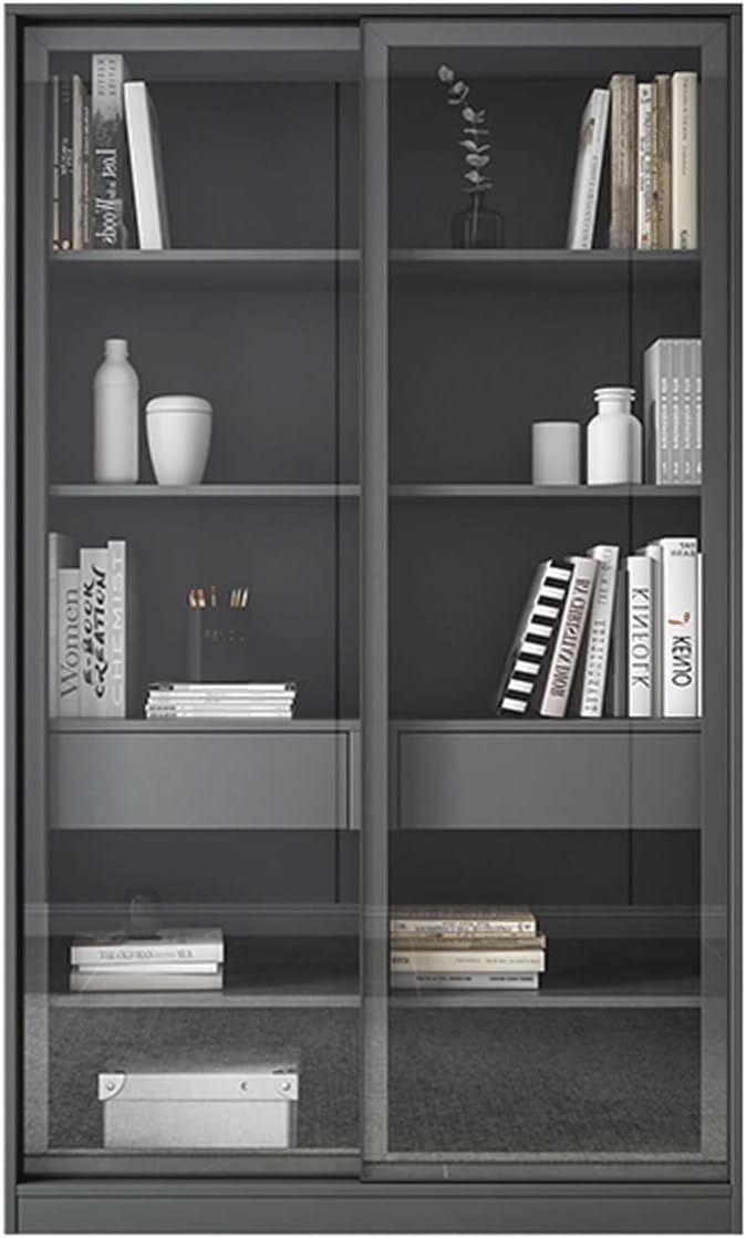 YOUQUEEN Book Shelf Floor-to-Ceiling Bookcase Glass Sliding Door Display Cabinet Storage Cabinet Suitable for Living Room Bedroom Study Office Bookshelves and Bookcases(A,Medium)