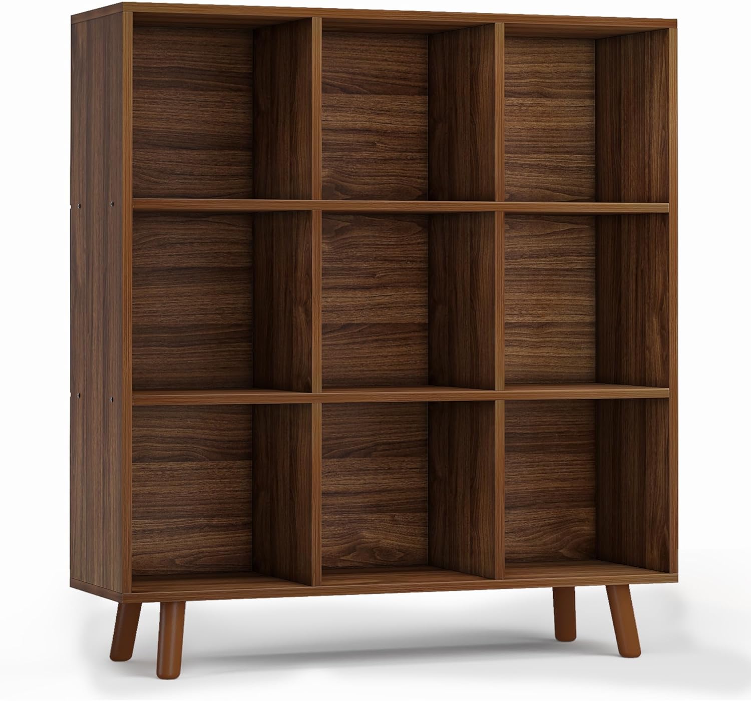 ELYUP 9-Cube Open Shelf Bookcase - 3-Tier Wooden Floor-Standing Bookshelf with Legs and Backpanel, for 11in Fabric Storage Bins and Miscellaneous Organizer, Walnut