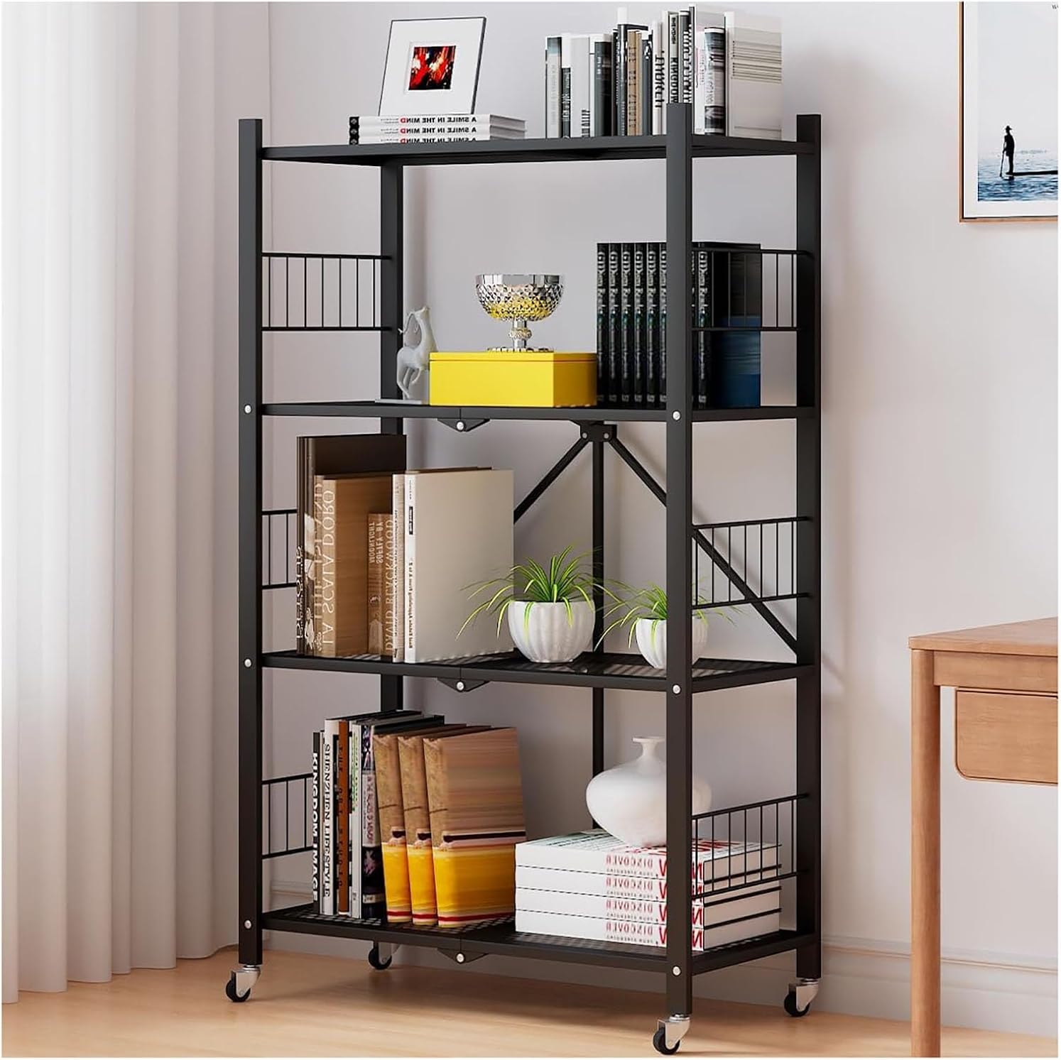 No Assembly Folding Bookcase Storage 4 Tier Vintage Bookcase Vertical Bookcase Study Organizer Home Office (Color : Black- L71xW35xh125cm)
