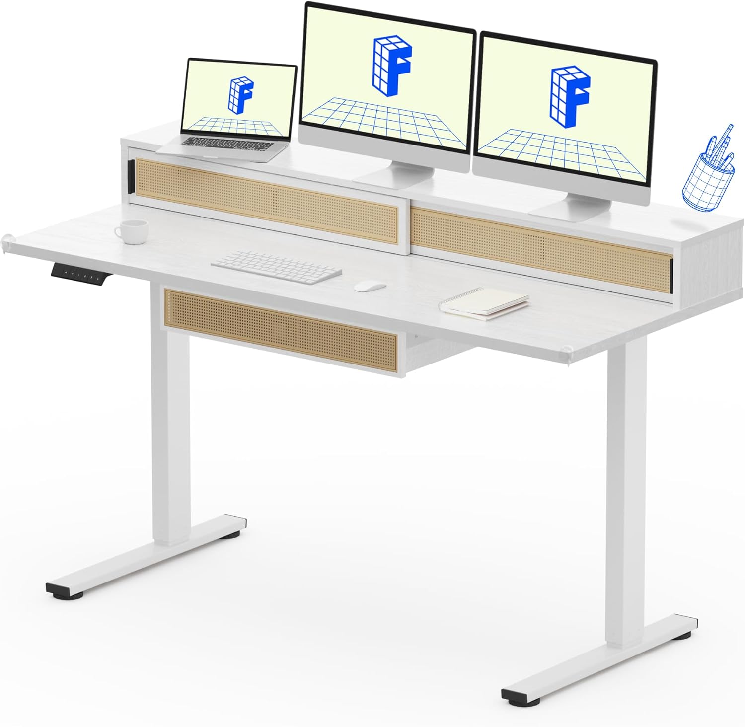 FLEXISPOT Q4 One-Piece Standing Desk with Rattan Drawers, 55 x 24 Inch Adjustable Height, Electric Stand Up Table with Monitor Shelf, Home Office Ergonomic Computer Desk with Memory Presets, White