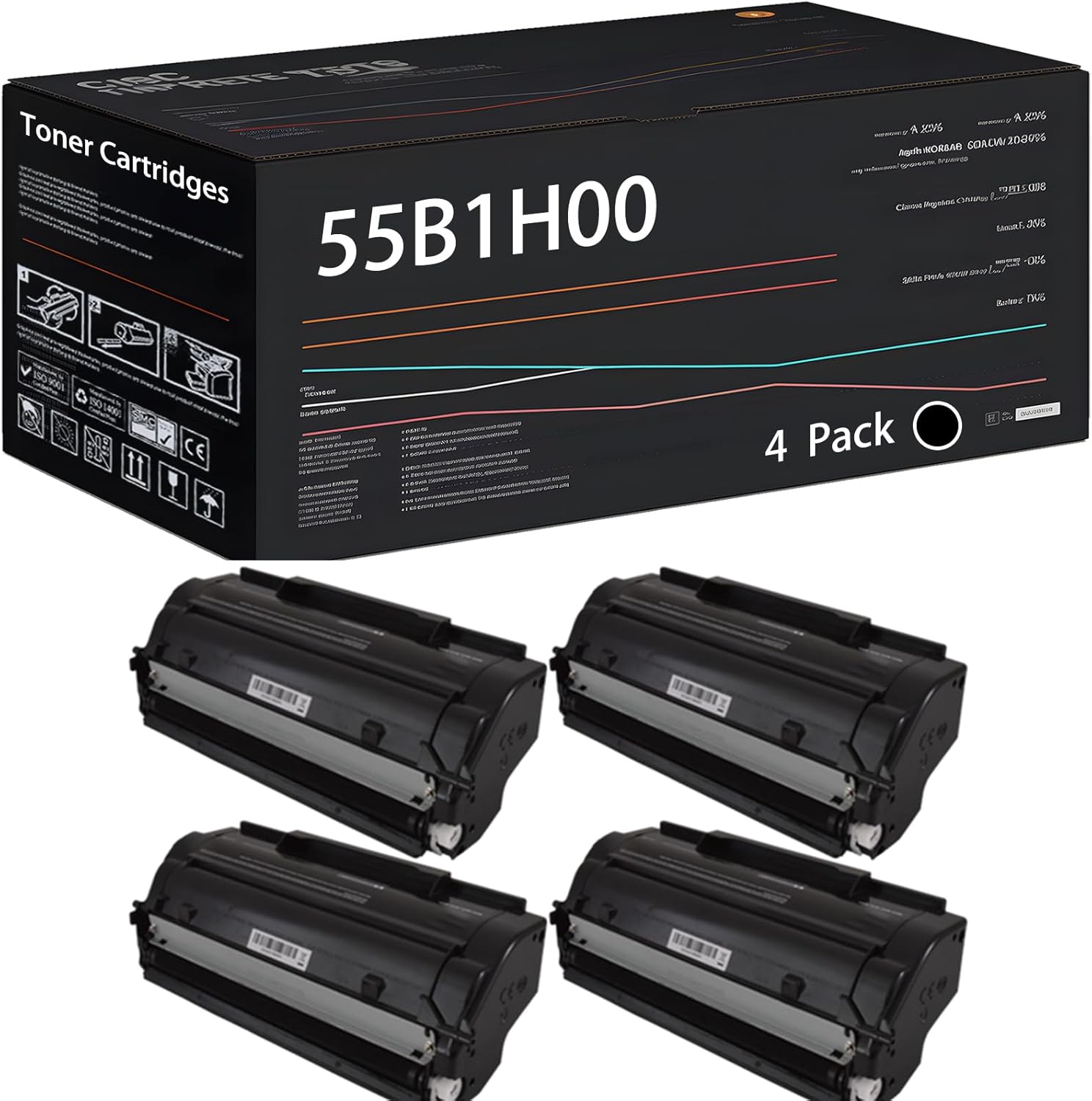 UVUMB 55B1H00 Toner Cartridges Compatible for Lexmark MS331dn MS431dn MX331adn MX431adn Printers, with Chip, High Yield 16000 Pages, High-Definition Printing (4 Pack Black)