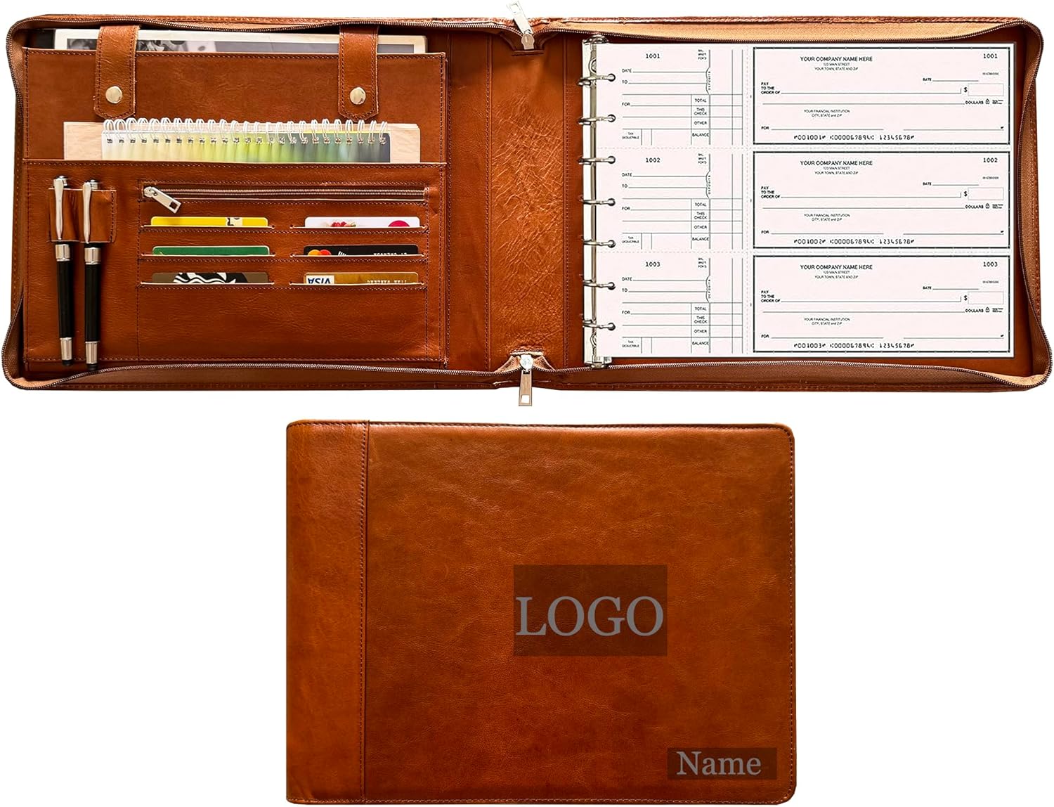 7-Ring Zippered Checkbook Binder for Business Checks - Premium Leather Portfolio Holds 600 Checks (9