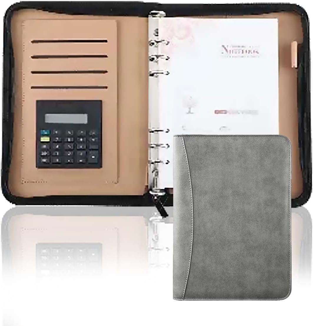 Padfolio Organizer Binder,Portfolio, A5/B5/A6 PU Leather Conference Portfolio Fold Business Padfolio Zipper Organizer Folder with Calculator 6 Ring Binder Clipboard for Office Work(Grey a,A5)