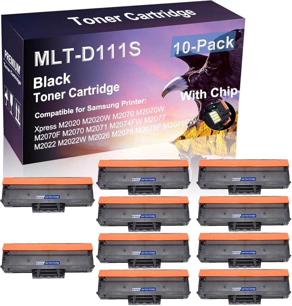 10 Pack (Black) with Chip Compatible Laser Printer Cartridge (High Yield) Replacement for Samsung MLT-D111S D111S Imaging Cartridge for Samsung Xpress M2022 M2022W M2026 M2078 M2078F M2078FW Printer