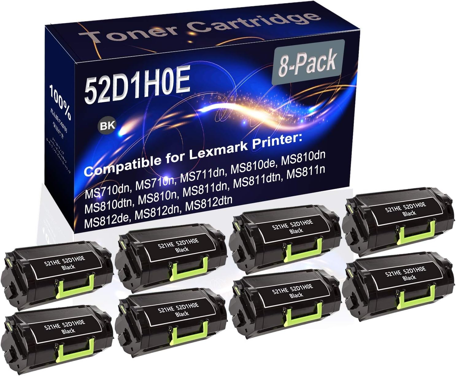 Kolasels 8-Pack (Black) Compatible MS710dn MS710n MS711dn MS810de MS810dn MS810dtn Laser Printer Cartridge (High Capacity) Replacement for 521HE 52D1H0E Printer Cartridge