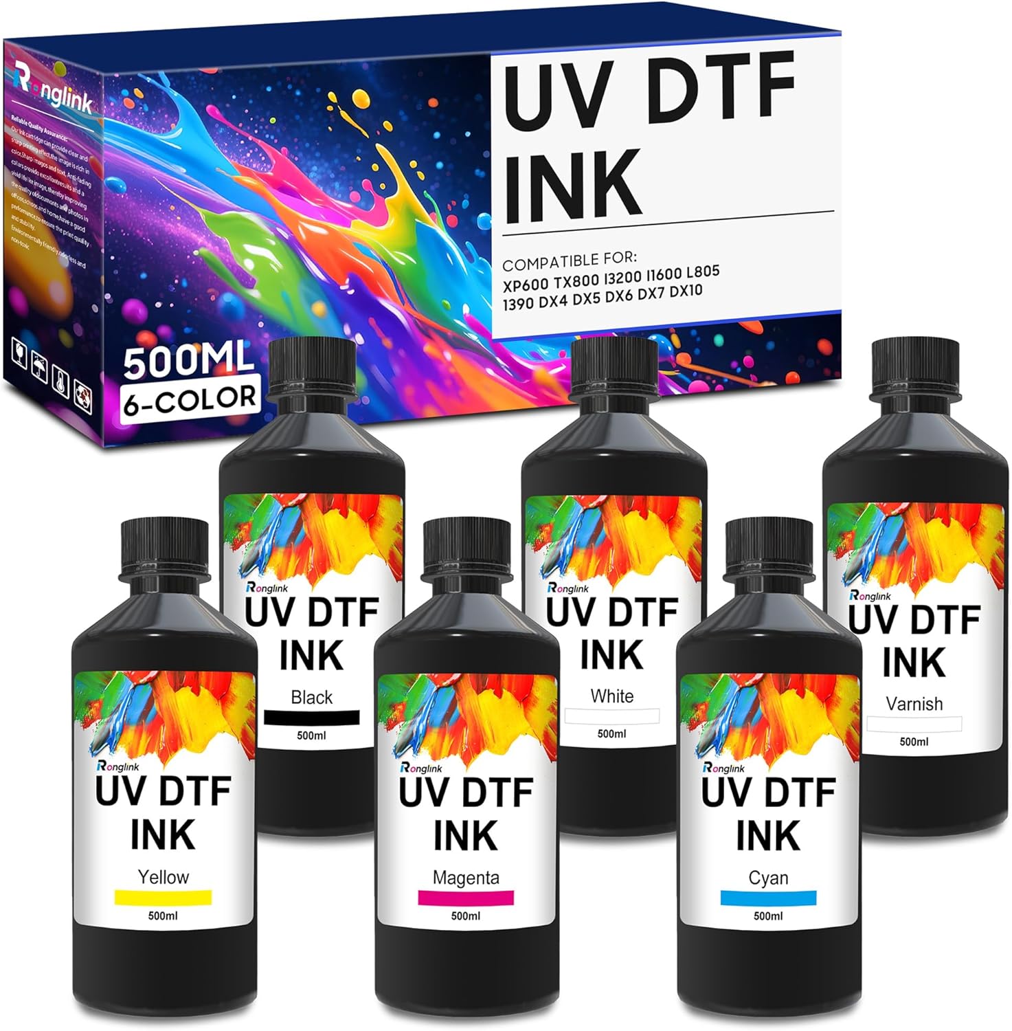 Premium UV DTF Ink 500ML, UV DTF Printer Printing on UV DTF A B Films for XP600 TX800 i3200 i1600 L805 1390 DX4 DX5 DX6 DX7 DX10 UV Sticker Printer Ink 6-Pack (White Black Cyan Magenta Yellow Varnish)