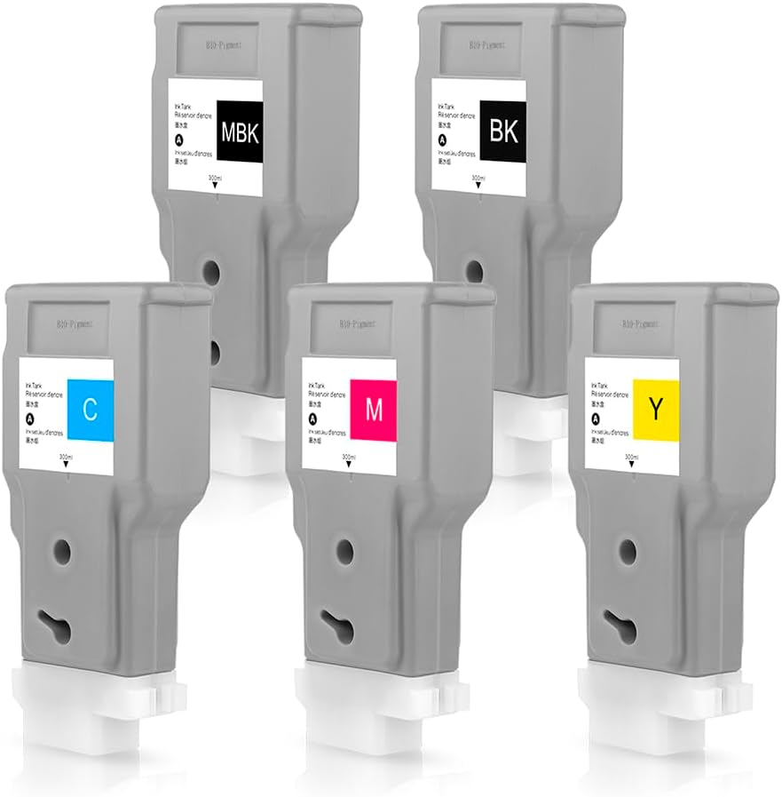 PFI-207 Ink Cartridges 300ML 5Pack(BK/MK/C/M/Y) Compatible with Canon ImagePrograf iPF 680/685/780/785 Printers