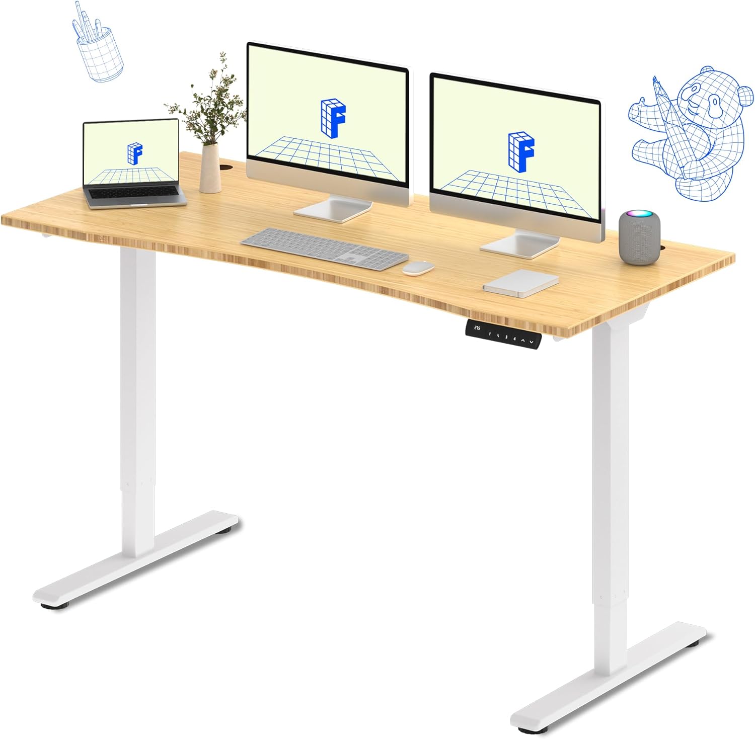 FLEXISPOT E3 Bamboo Dual Motor 72 x 30 Electric Standing Desk Sit Stand Up Desk, Holds 220 lbs, Adjustable Height w/ Memory Presets, Solid Bamboo Curved Desktop & White Frame, Ships in 2 Boxes