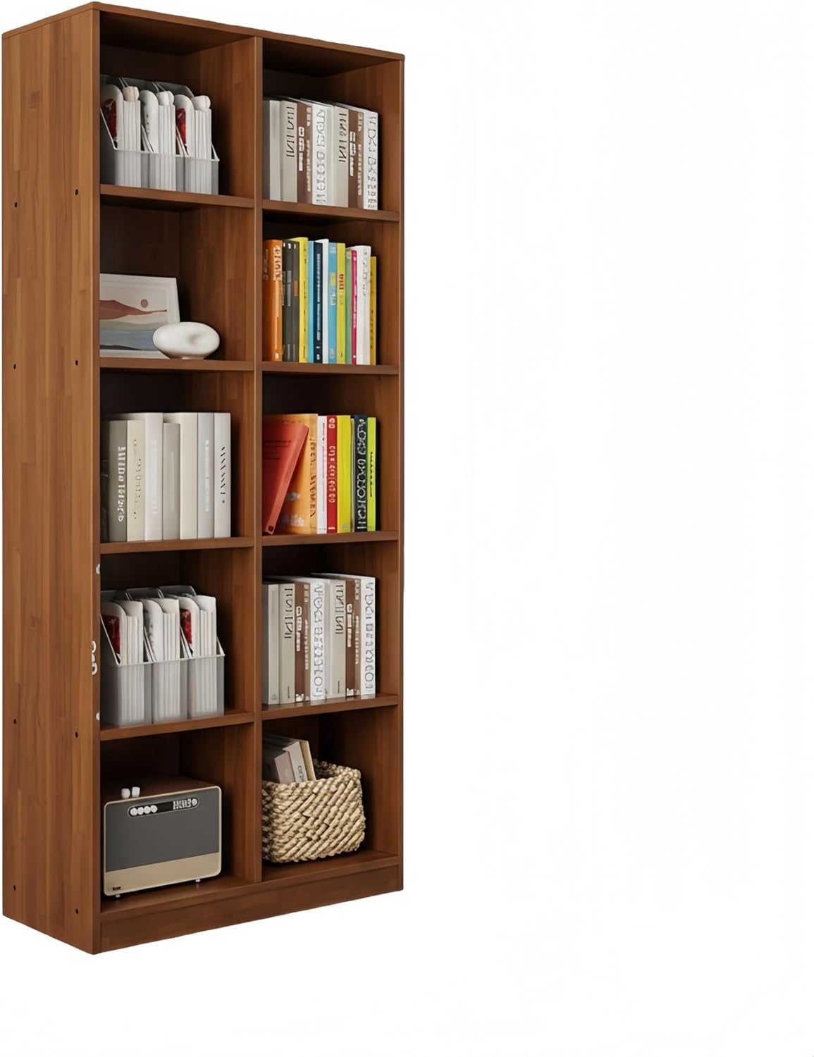 FUKEFUZ Rubberwood Cube Bookcase, Modular Open Storage Shelf with Floor-Standing Cabinet Legs & Anti-Tip Kit, Space-Saving Organizer for Home Office, Living Room, Bedroom(Walnut,10-Cube)