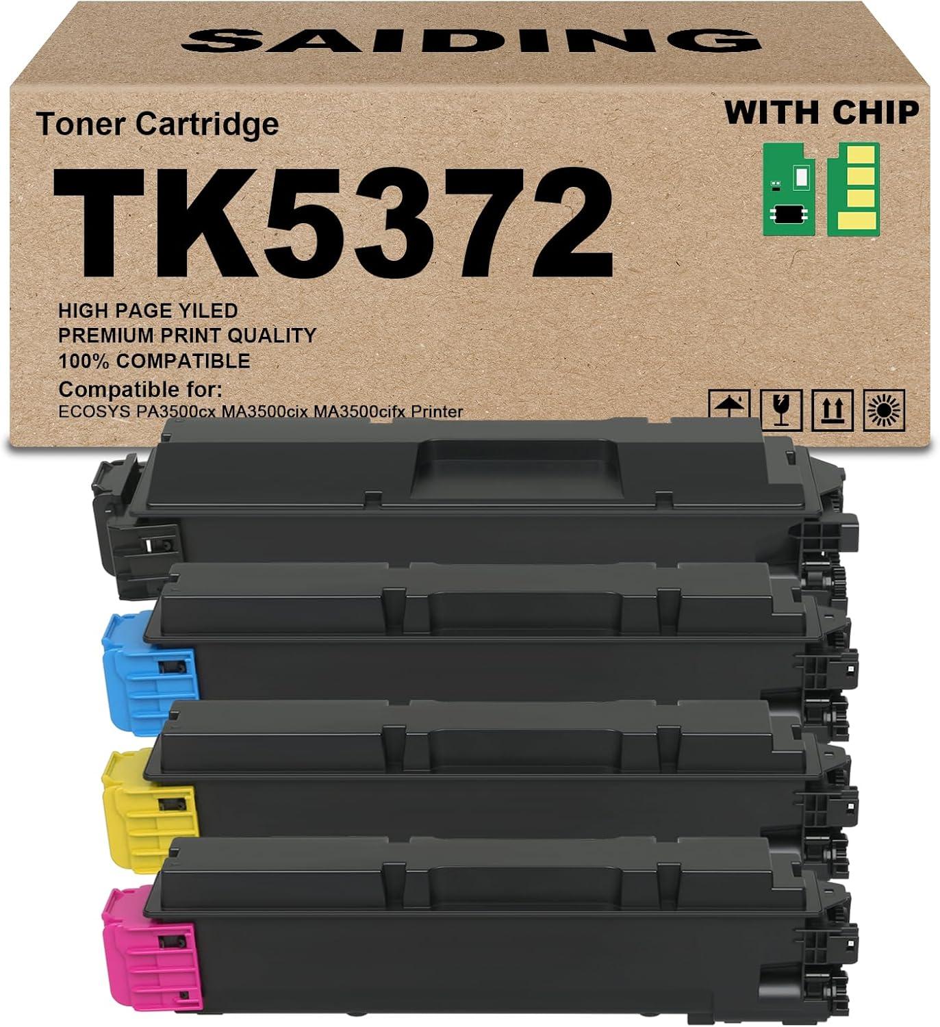 SAIDING High Yield TK5372 TK-5372 Toner Cartridge Compatible for TK-5372K TK-8372C TK-5372M TK-5372Y Toner Cartridge Replacement for Kyocera ECOSYS PA3500cx MA3500cix MA3500cifx Printer(4-Pack)