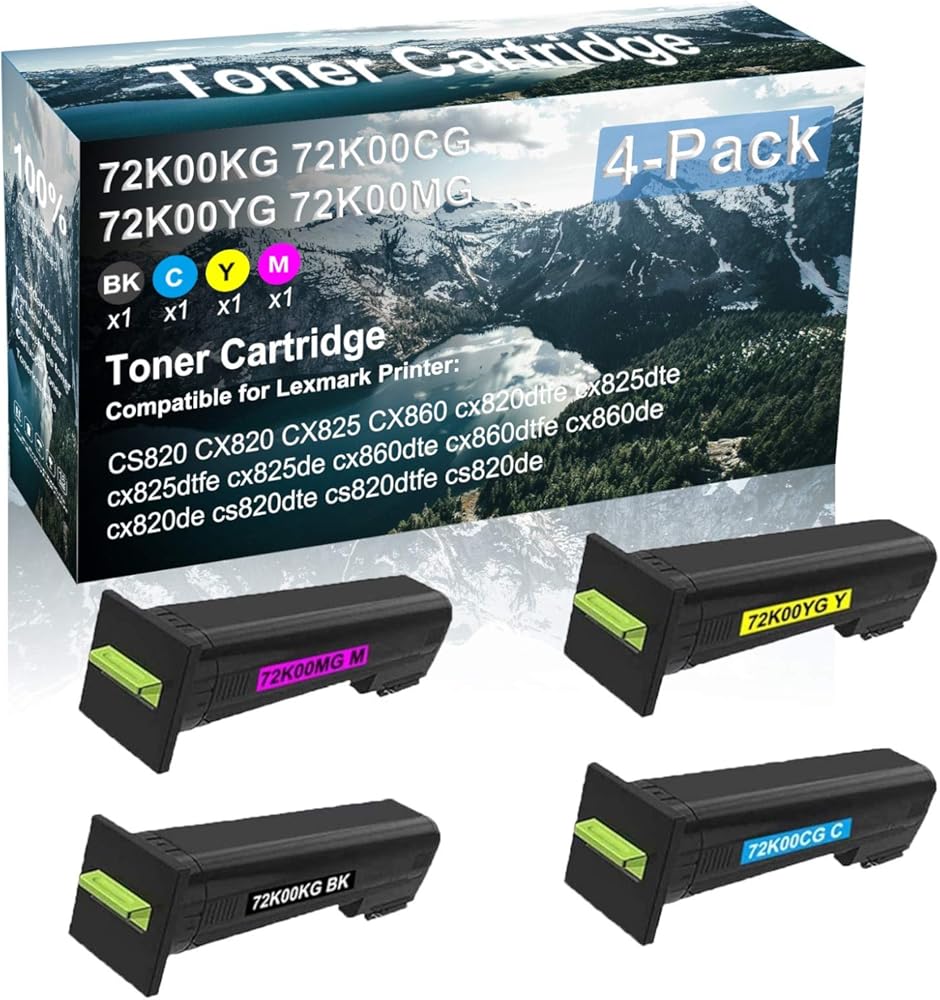 4 Pack (BK+C+Y+M) Compatible High Capacity Toner Cartridge Replacement for Lexmark 72K00KG 72K00CG 72K00YG 72K00MG Printer Cartridge use for cx825dtfe cx825de cx860dte cx860dtfe cx860de Printer