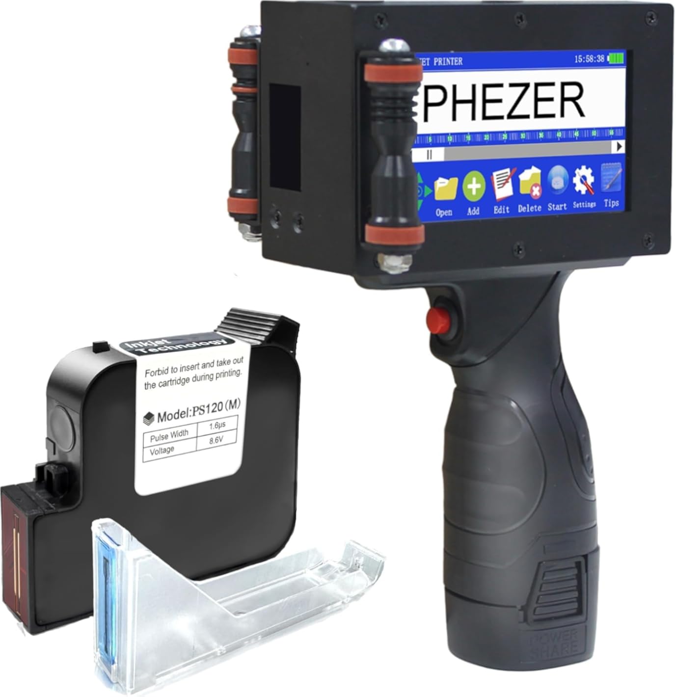Phezer P16-1 Handheld Inkjet Printer, 1 Inch/25.4mm Date Printer with 72ml Solvent Ink Cartridge, Portable Intelligent Coding Machine for Expiry Date/Time/Barcode/QR Code/Logo (Metal Case)