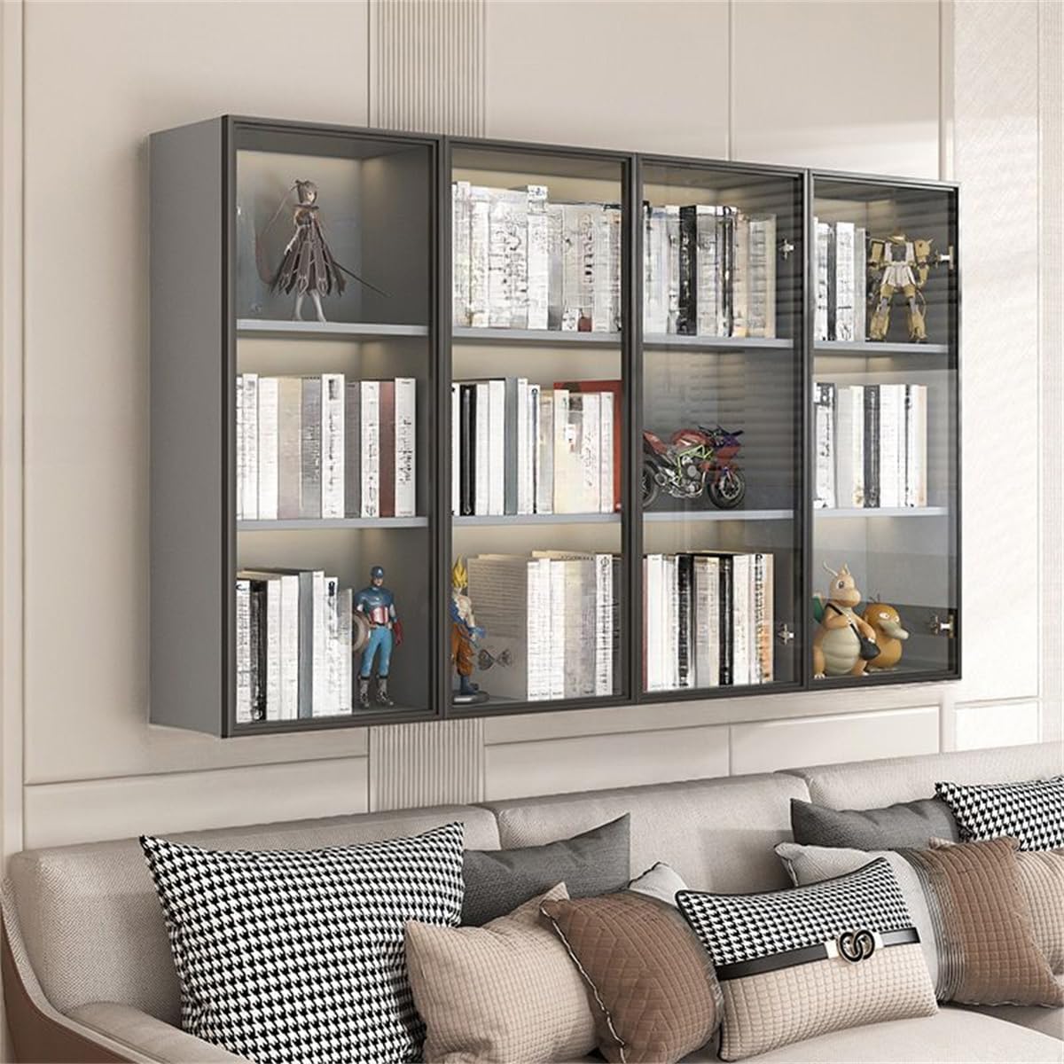 KWOKING Wall Hanging Lateral Filing/Vertical Timber Wall Unit Transparent Glass Door Shelf Wall-Mounted Wood Bookcase Action Figure Model Storage Cabinet Display Case Grey 63