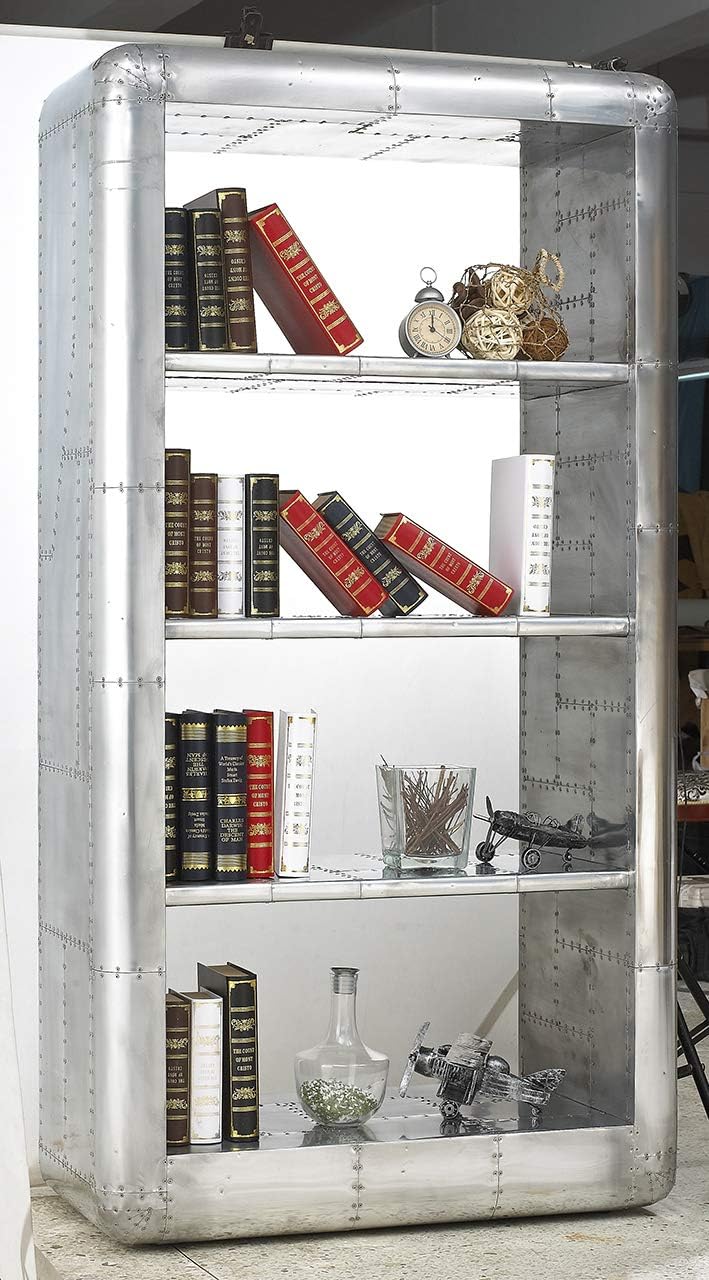 Industrial Metal Bookcase - Silver Display Cabinet w/Hand-Beaten Alloy & Pop Rivet Design