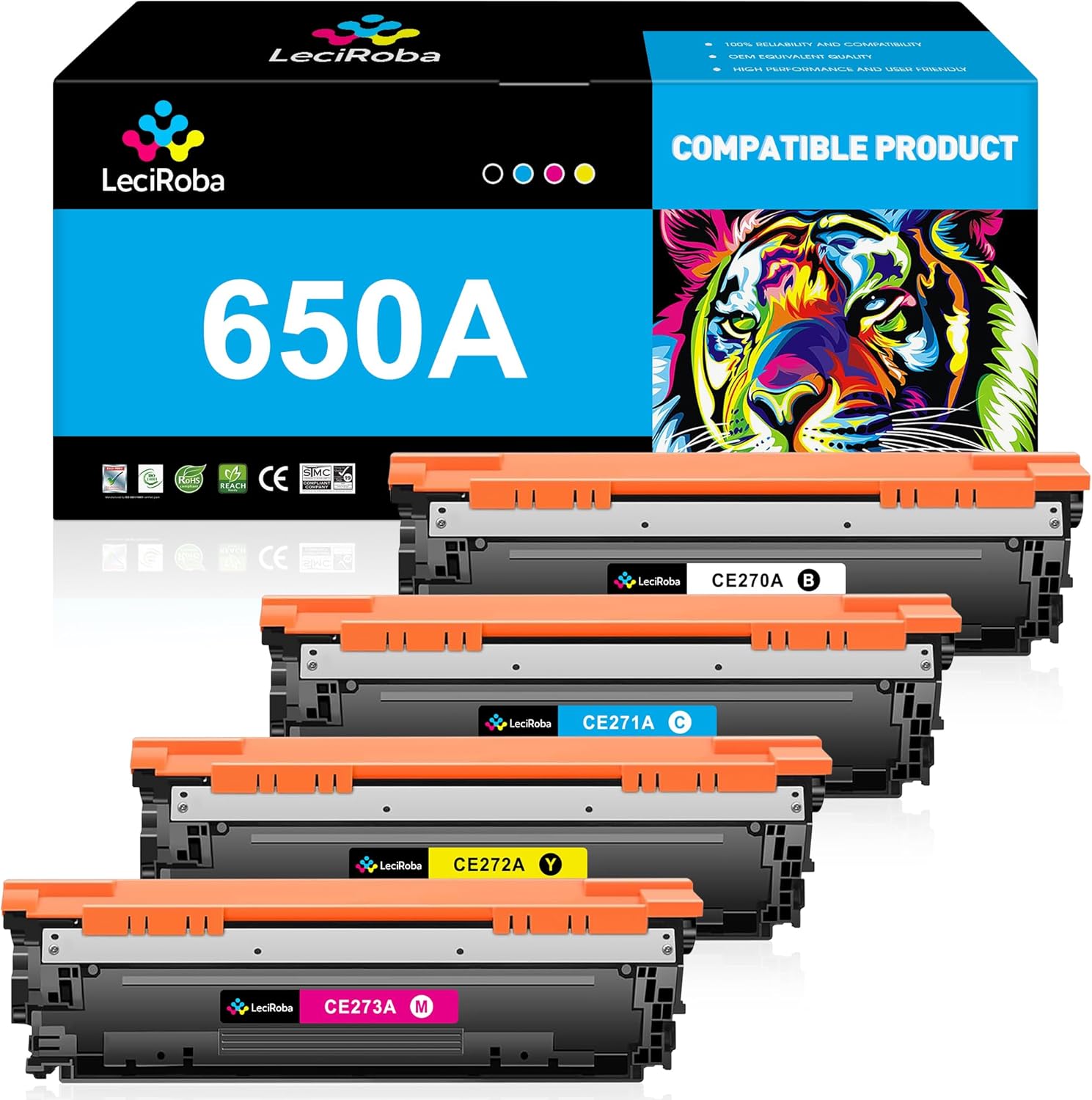 LeciRoba 650A CE270A CE271A CE272A CE273A Toner Cartridge Replacement for HP LaserJet Enterprise CP5525 CP5525 CP5525dn CP5525n CP5525xh M750 M750dn M750n M750xh Series Printer (4-Pack)