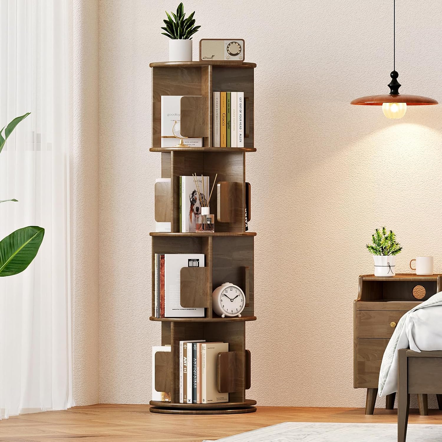 Wooden Rotating Bookshelf 4 Tier, Round Revolving Bookcase, 360° Spinning Book Shelf Tower Kids, Narrow Bookshelves Lazy Susan Organizer for Small Space, Corner, Bedroom, Living Room, Office, Walnut