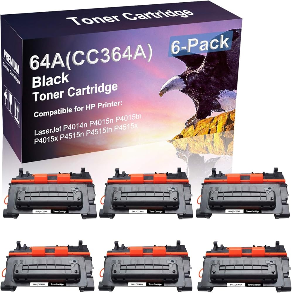 6 Pack (Black) Compatible Laser Printer Cartridge (High Yield) Replacement for HP 64A CC364A Imaging Cartridge Fit for HP Laserjet Pro P4015x P4515n P4515tn Printer