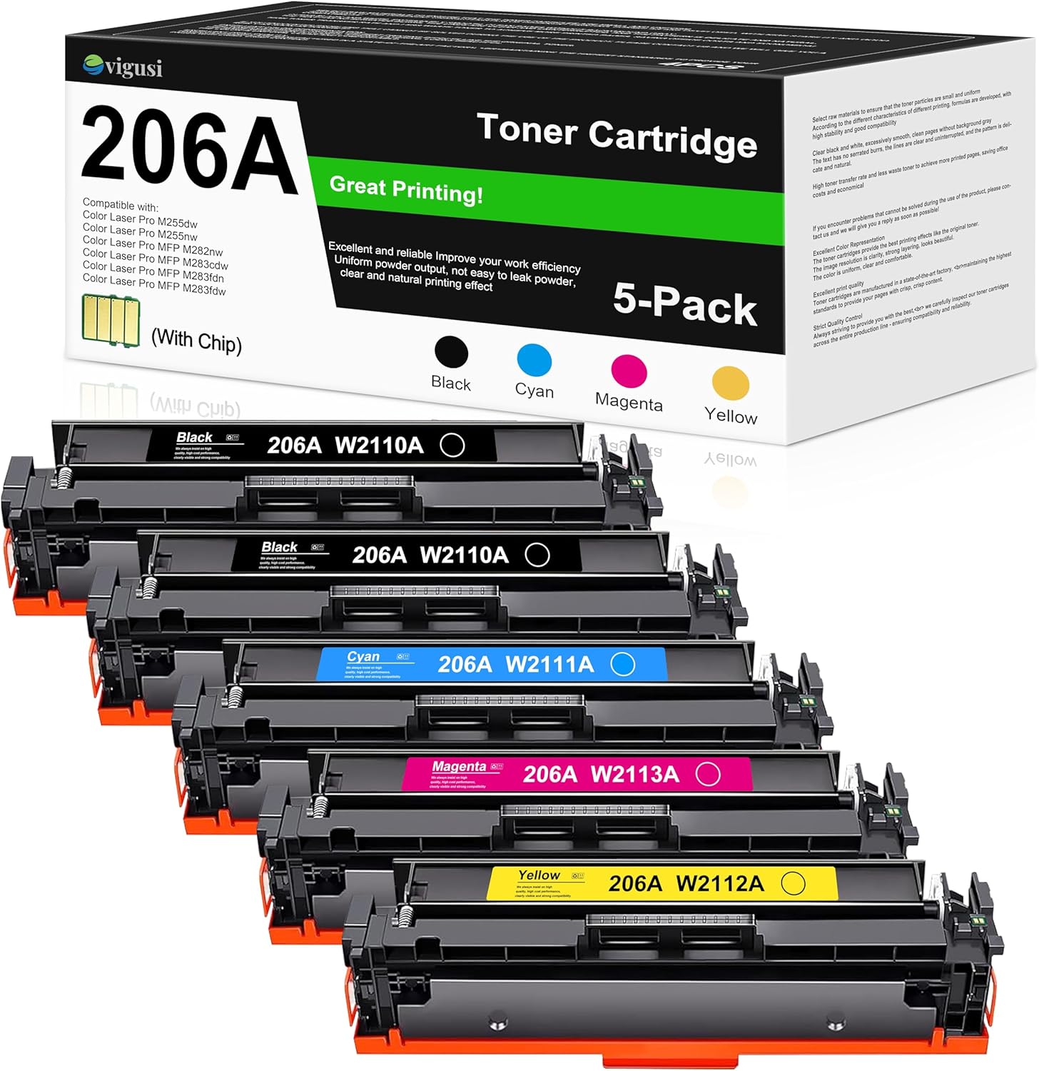 206A Toner Cartridges 5 Pack W2110A W2111A W2113A W2112A Raplacement for HP 206A 206X Color Laser Pro M255dw M255nw Color Laser Pro MFP M282nw M283fdn Printer