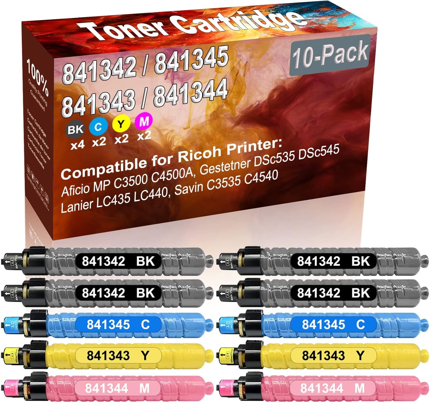 10-Pack (4BK+2C+2Y+2M) Compatible Aficio MP C3500 C4500A, Gestetner DSc535 Laser Printer Toner Cartridge (High Capacity) Replacement for Ricoh 841342 841345 841343 841344 Printer Toner Cartridge