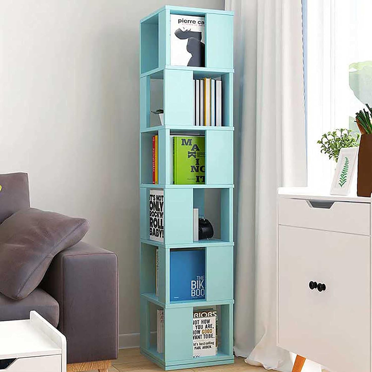 EXCEI 6 Tier Wooden Bookcase,Modern Tall Corner Bookshelf,Square Free Standing Book Shelves Unit for Home Office Study,360° Rotating Storage Display Rack-Blue 34x34x190cm(13x13x75inch)