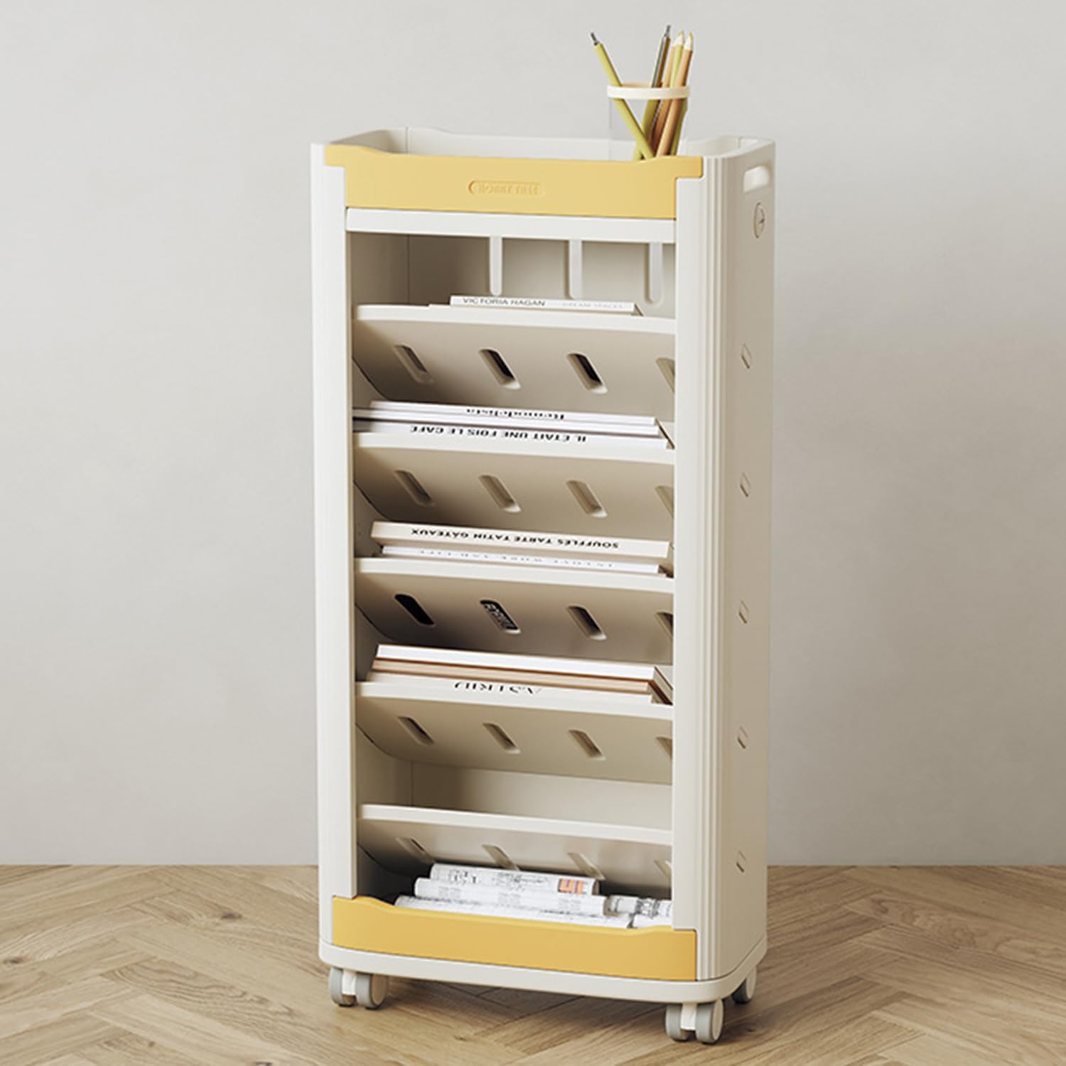 7 Tier Bookcase Bookshelf, Mobile Bookshelf, 7 Tier Rolling Storage Cart, Moveable Bookshelf Organizer with Wheel Slim Shelving Unit for Bedroom, Bathroom, Home Office,Yellow