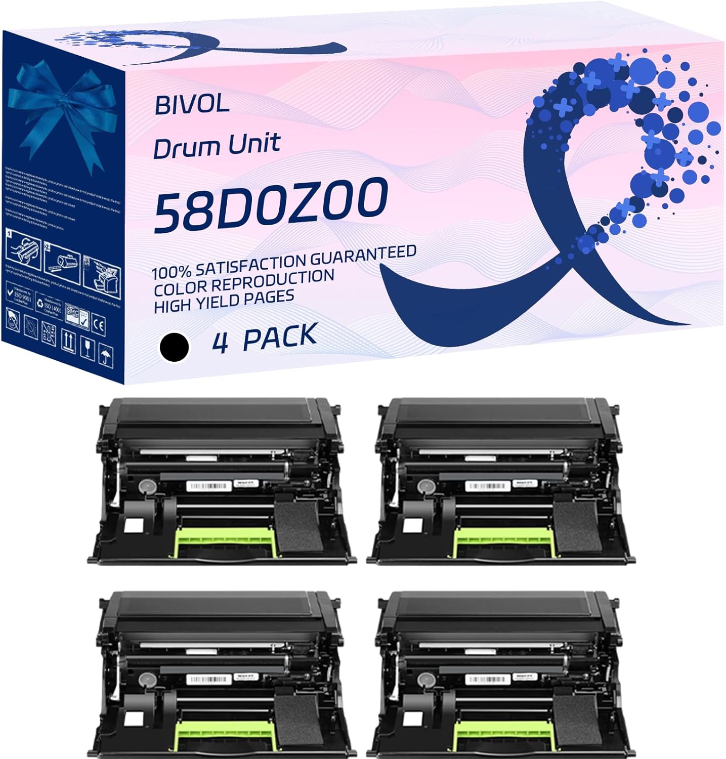 BIVOL 58D0Z00 Drum Unit Compatible for Lexmark B2865dw M5255 M5270 MS725dvn MS821dn MS821n MS822de MS823dn MS823n MS825dn Printers, with Chip, High Yield 150000 Pages, Vivid Colors (4 Pack Black)